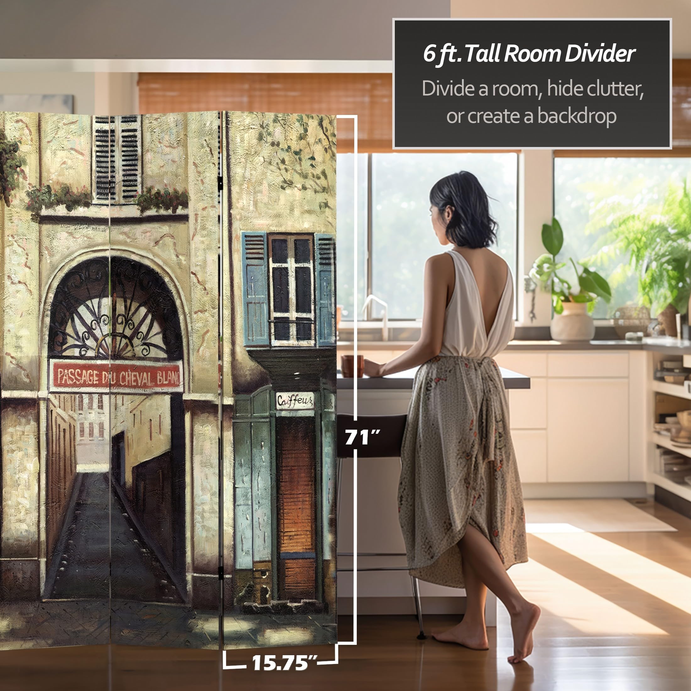 6 ft. Tall Double-Sided Red Lantern French Cafe Canvas Room Divider - 6 Panel Folding Privacy Screen for Home, Office & Wedding Decor