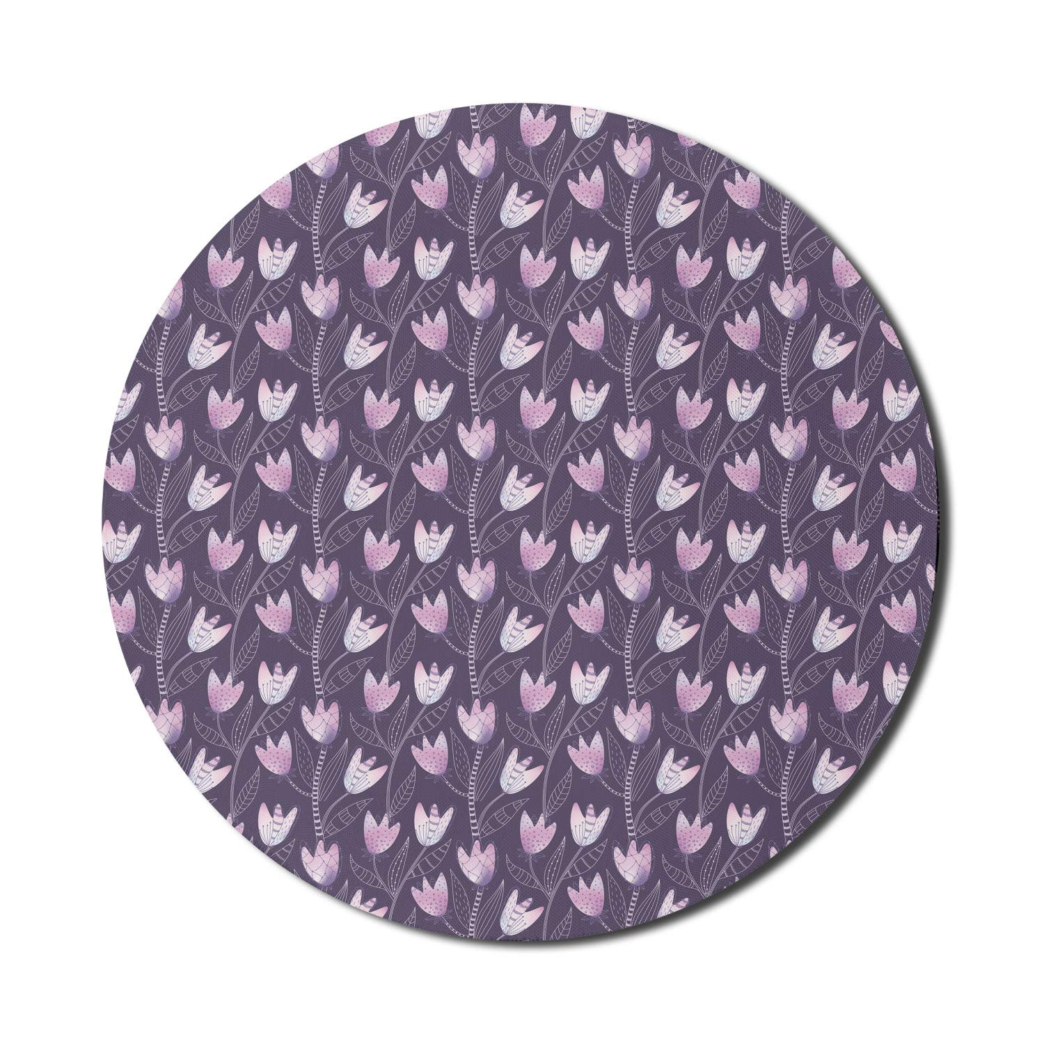 Ambesonne Floral Computer Mouse Pad - Non-Slip Round Gaming Mousepad with Tulip Violet Design, 8 Inch Thick Rubber Base, Pale Mauve Purple | Perfect for Office, Home & Gaming Setup
