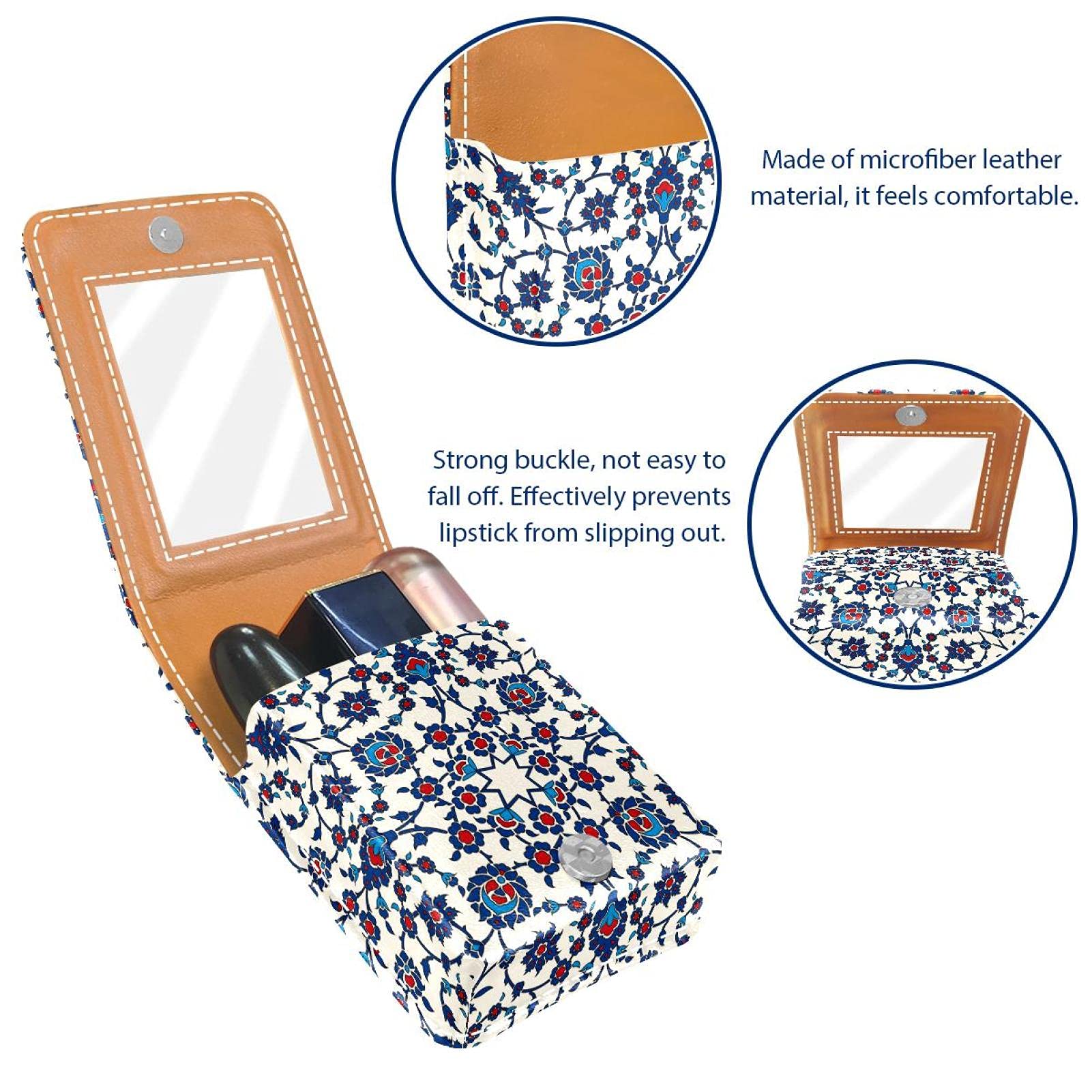 Elegant Arabesque Portable Lipstick Organizer with Mirror - Mini Makeup Bag Holds 3 Lipsticks - Perfect for Travel, Purse & On-the-Go Touch Ups