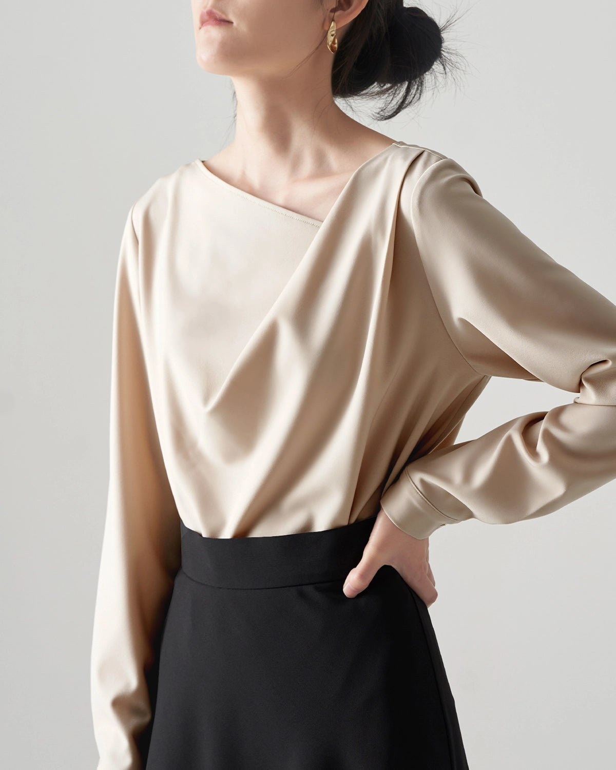 Elegant Women's Asymmetrical Neck Silk Blouse - Soft & Luxurious Satin Shirt for Work, Party & Special Occasions