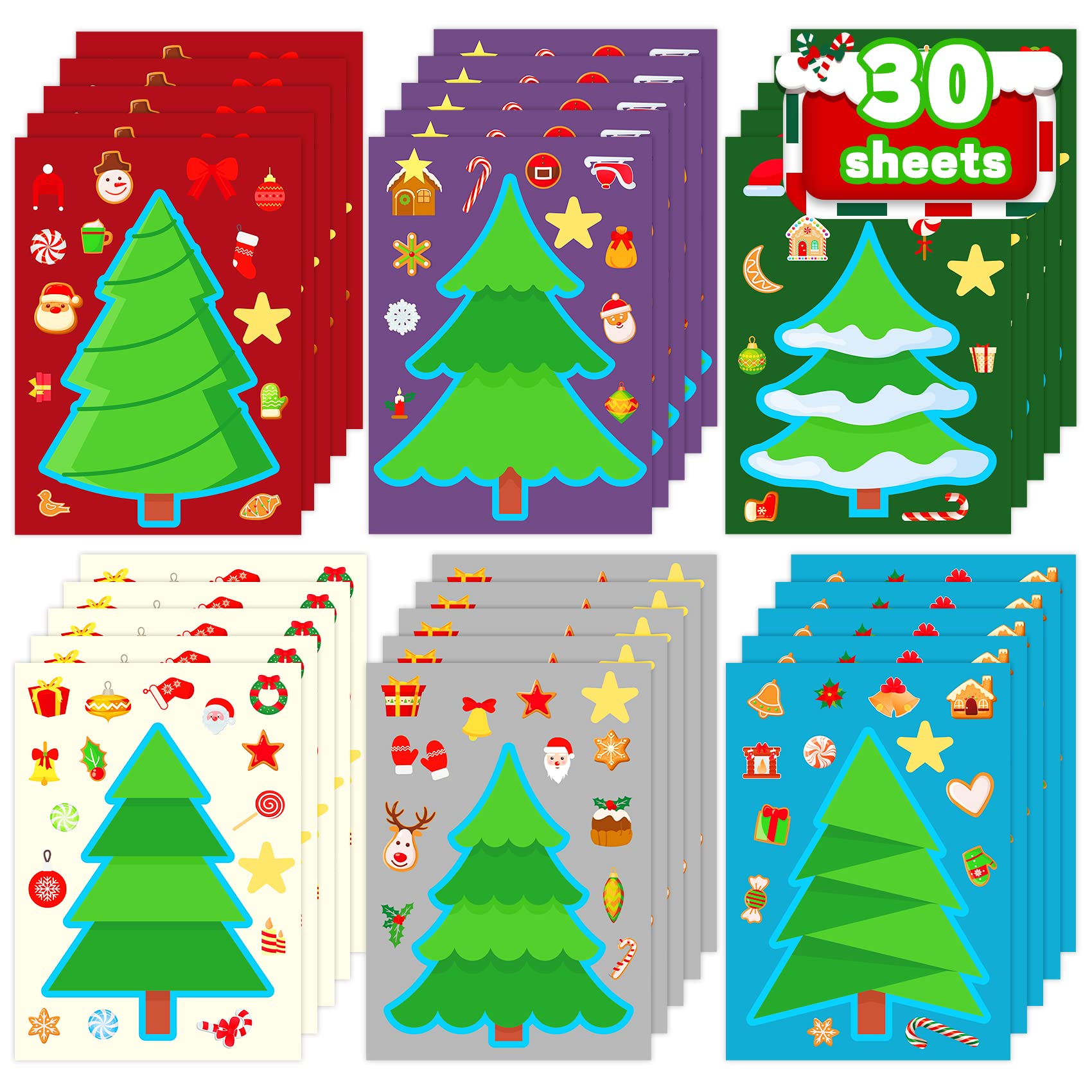 Christmas Tree Stickers for Kids - 30 Sheets DIY Holiday Decoration Stickers for Scrapbooking, Gift Wrapping & Classroom Crafts