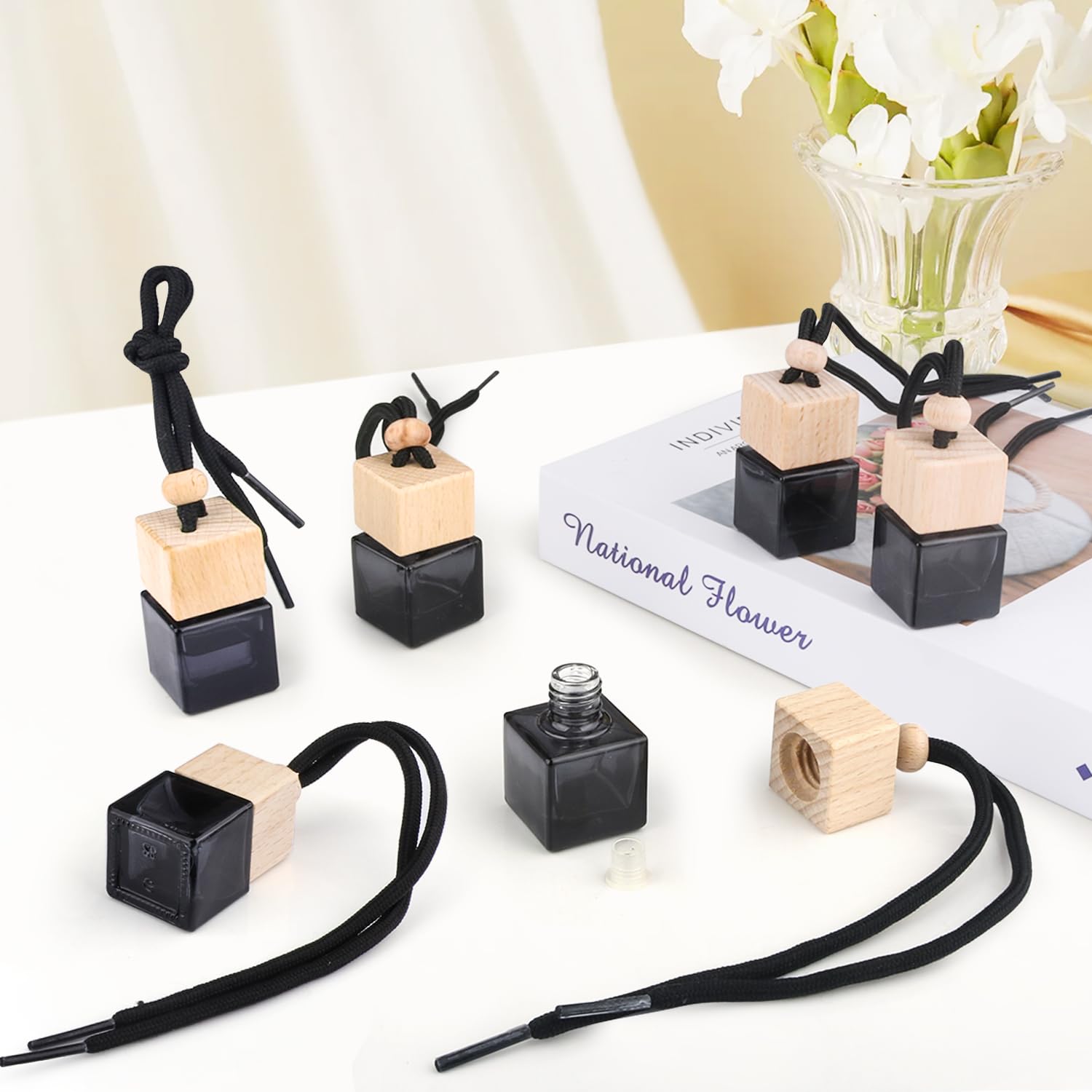 15 Pcs Black Glass Hanging Car Air Freshener Bottles - Empty Essential Oil Diffuser for Aromatherapy, Perfume & Fragrance - Car Accessories Decor (Perfect for Home, Office & Auto Air Freshening)