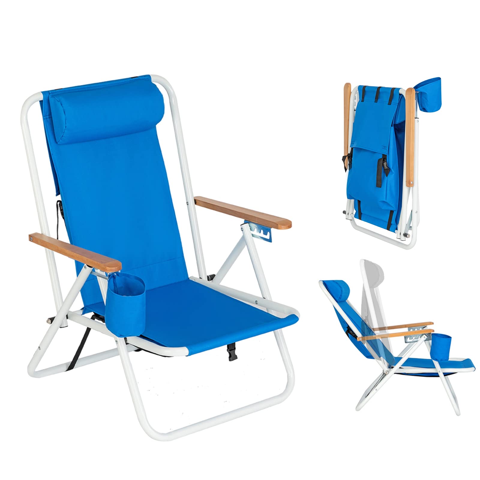 4-Position Folding Backpack Beach Chair for Adults - Adjustable Headrest, Storage Pouch & Cup Holder - Portable Camping & Sand Chair for Outdoor, Lawn, Travel, Picnic, Fishing | Perfect for Beach Relaxation, Backyard Lounging & Camping Trips