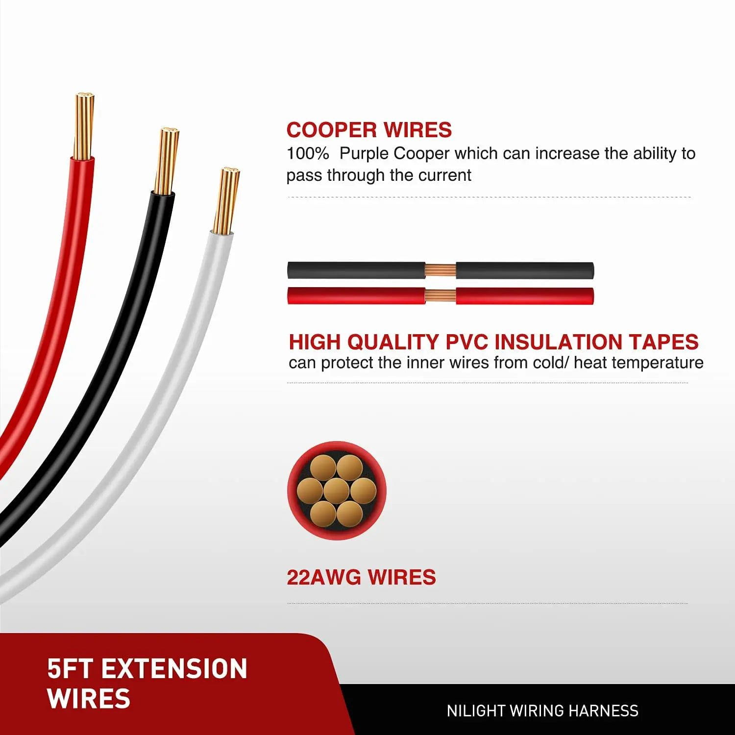 2PCS 22AWG 5FT Wire Extension Kit for LED Light Bar, LED Pods & LED Work Lights - Perfect for Off-Road Vehicles, Trucks & Marine Lighting Installations
