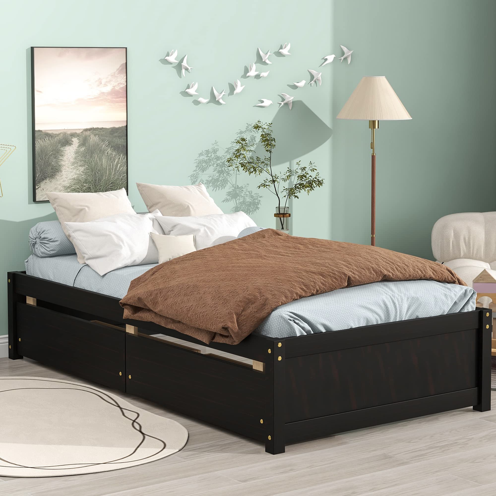 Twin Size Platform Bed Frame with 2 Storage Drawers - Solid Wood Captains Bed No Headboard for Kids & Teens (Espresso) | Space-Saving Bedroom Furniture for Small Rooms & Dormitories