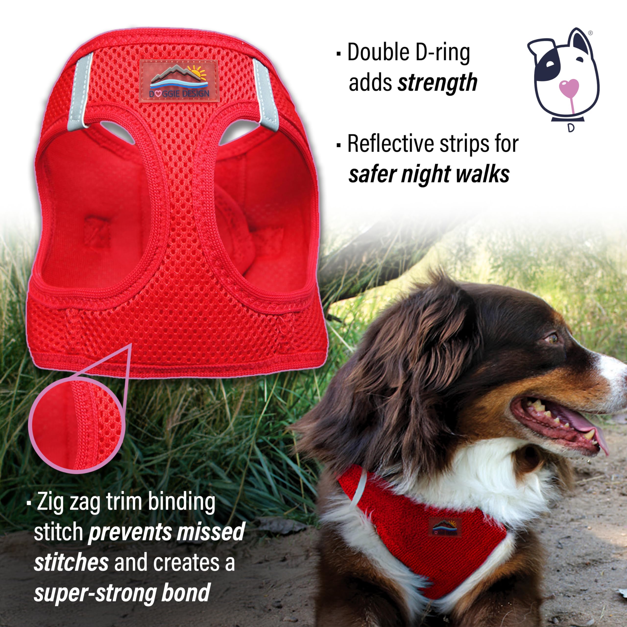 Doggie Design No Choke Dog Harness - Breathable Mesh Polyester Pet Vest with Easy Step-in Design for Small Dogs (Red) - Perfect for Walking, Training & Outdoor Adventures