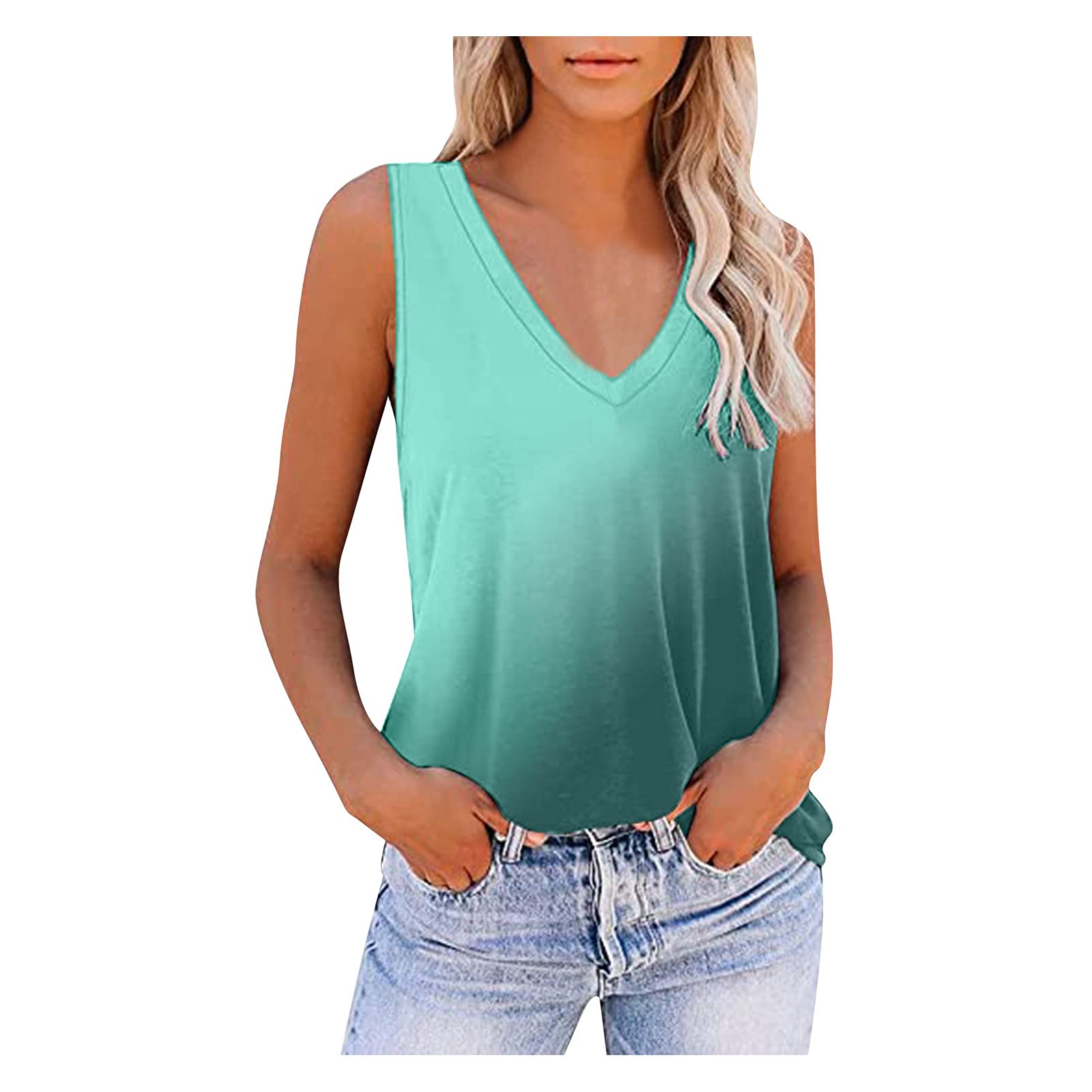 Women's Sleeveless V-Neck Workout Top - Printed Running Athletic T-Shirt for Gym & Casual Wear (#05-Green, Medium) | Perfect for Yoga, Jogging & Summer Outdoor Activities