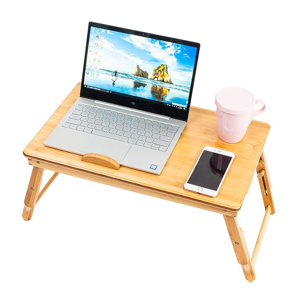 Adjustable Bamboo Laptop Desk with Tilting Shelf, Folding Legs & Drawer - Multifunctional Portable Table for Breakfast, Work & Study - Double Flowers Wood Color - Perfect for Home Office, Bed, Sofa & Outdoor Use