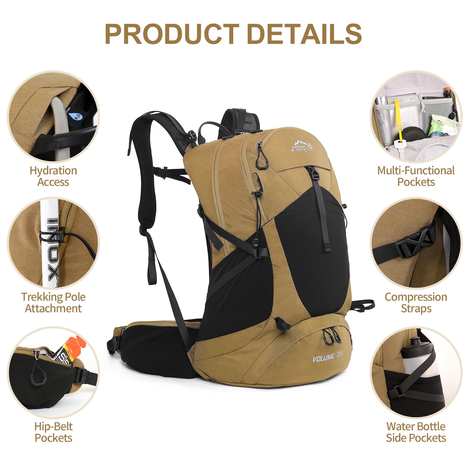 35L Waterproof Hiking Backpack with 3L Hydration Bladder & Rain Cover - Lightweight Daypack for Camping, Trekking & Outdoor Adventures - Perfect for Men & Women Travelers (Khaki)