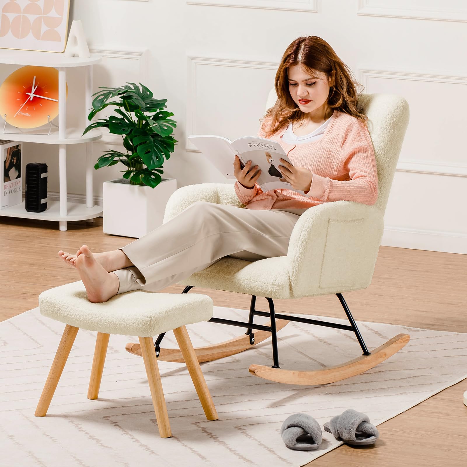 ComHoma Nursery Rocking Chair with Ottoman - Teddy Glider Recliner, High Back Accent Chair for Adults - Perfect for Reading, Nursing, Living Room & Office (Beige) | Cozy Comfort for Baby Nurseries, Relaxing Evenings & Home Decor