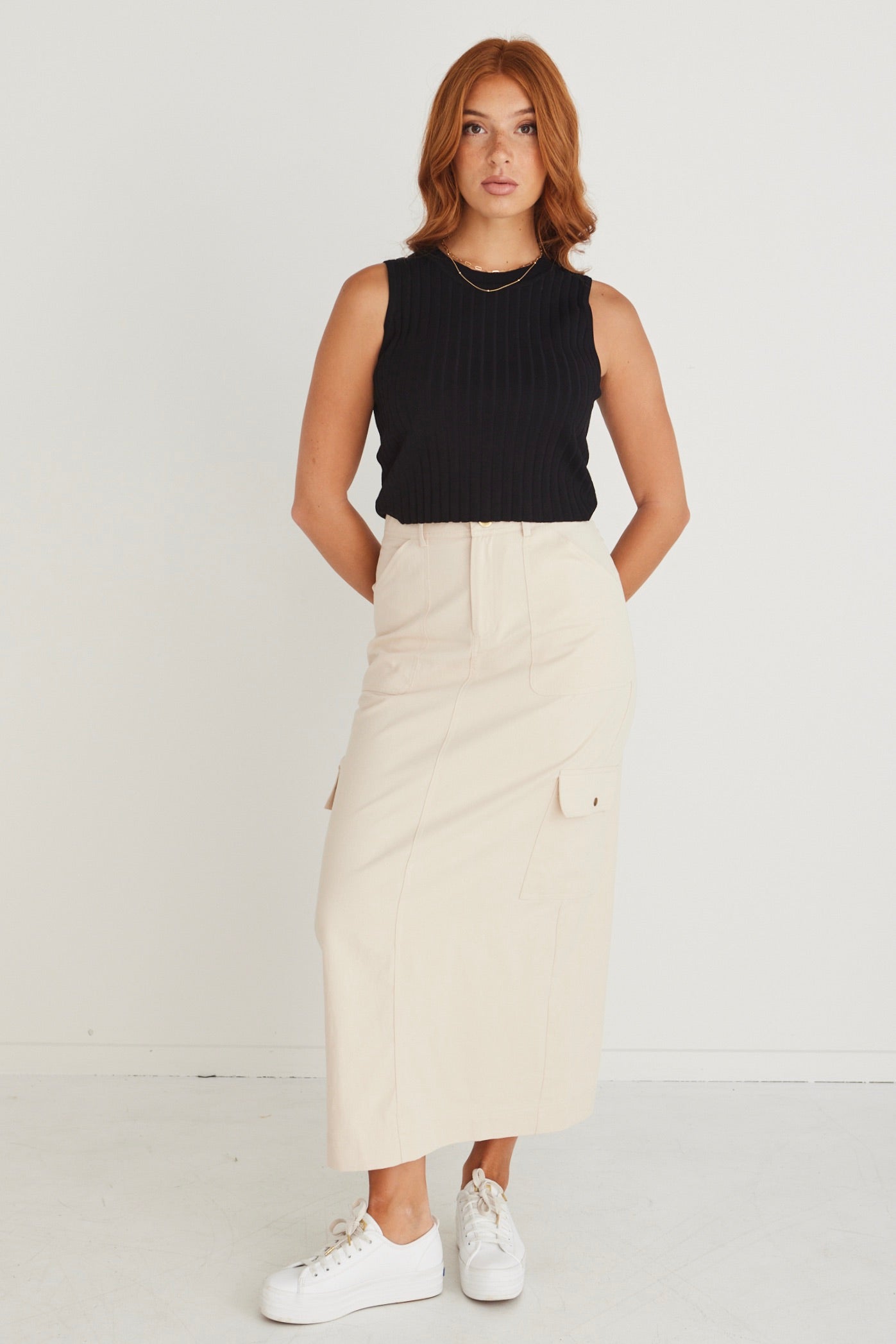 Frank Ivory Cotton Utility Midi Skirt for Women - Casual Stretch Waist A-Line Skirt with Pockets - Perfect for Work, Office, and Everyday Wear