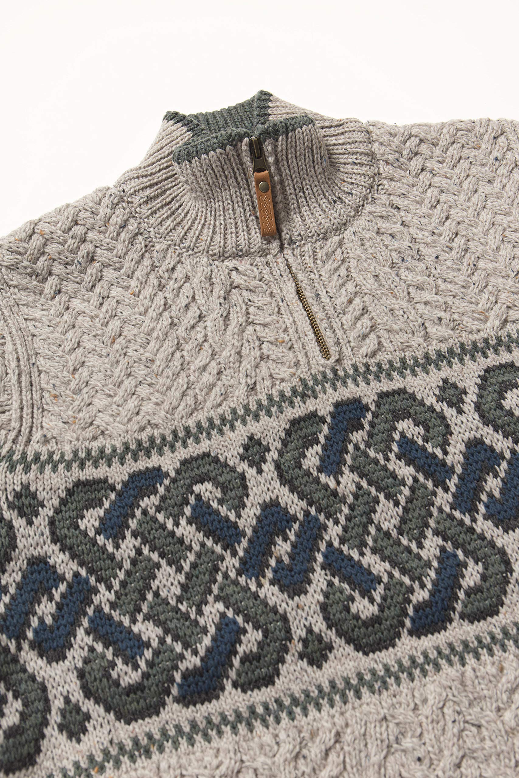 Aran Crafts Men's Irish Cable Knit Half Zip Jacquard Sweater - 100% Merino Wool - Warm Winter Pullover for Outdoor Activities & Casual Wear