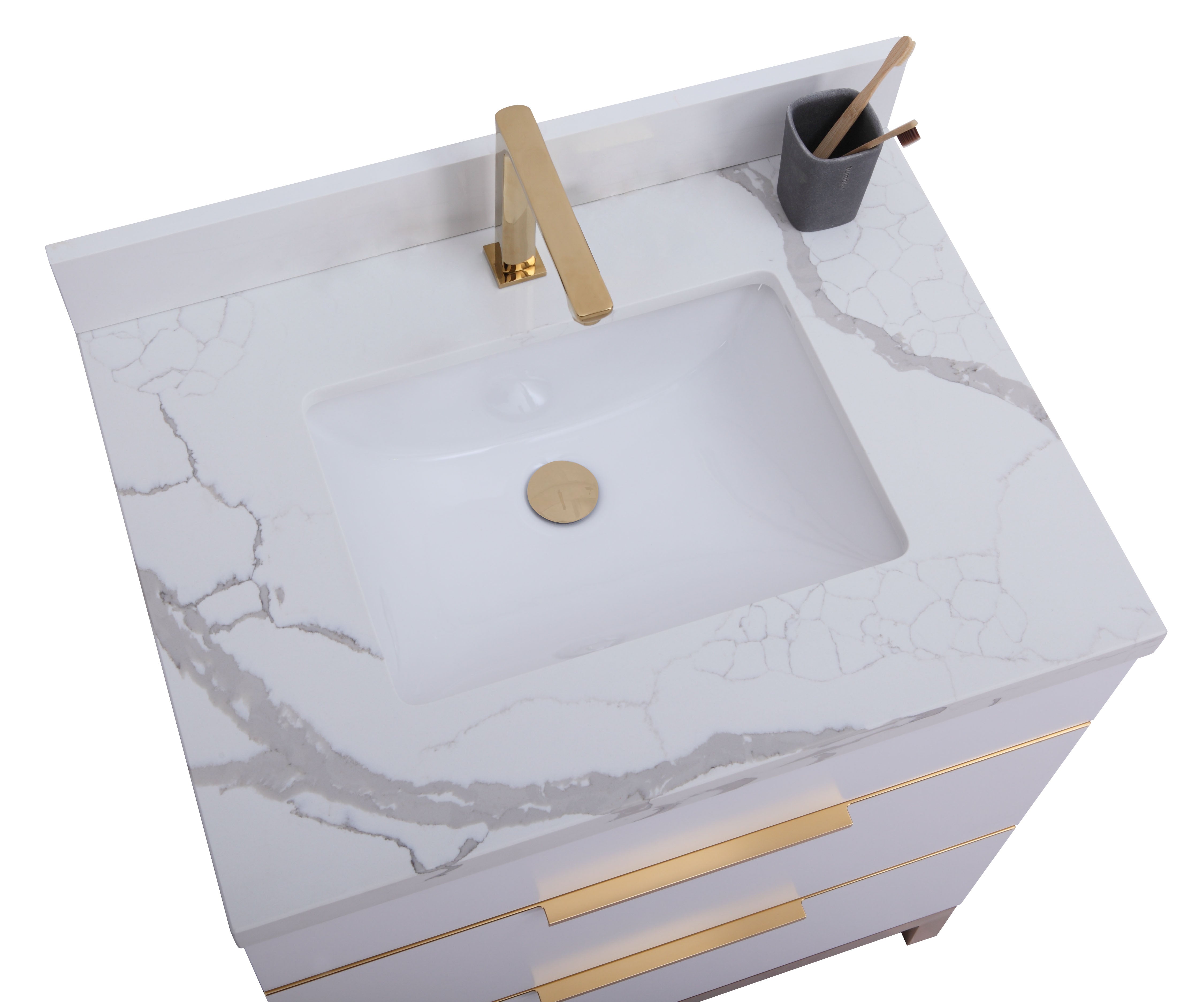 Modern White Floor Standing Bathroom Vanity with Calcatta Quartz Countertop & Bronze Hardware - 30 Inch Contemporary Bathroom Storage for Small Spaces, Powder Rooms & Master Baths