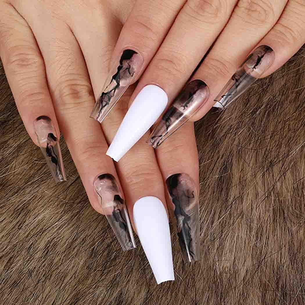 Glossy Smoke Pattern Coffin Press on Nails - Extra Long Ballerina Acrylic False Nails with Elegant Design - 24Pcs Full Cover Artificial Nails for Women & Girls (White) - Perfect for Parties, Weddings, and Special Occasions