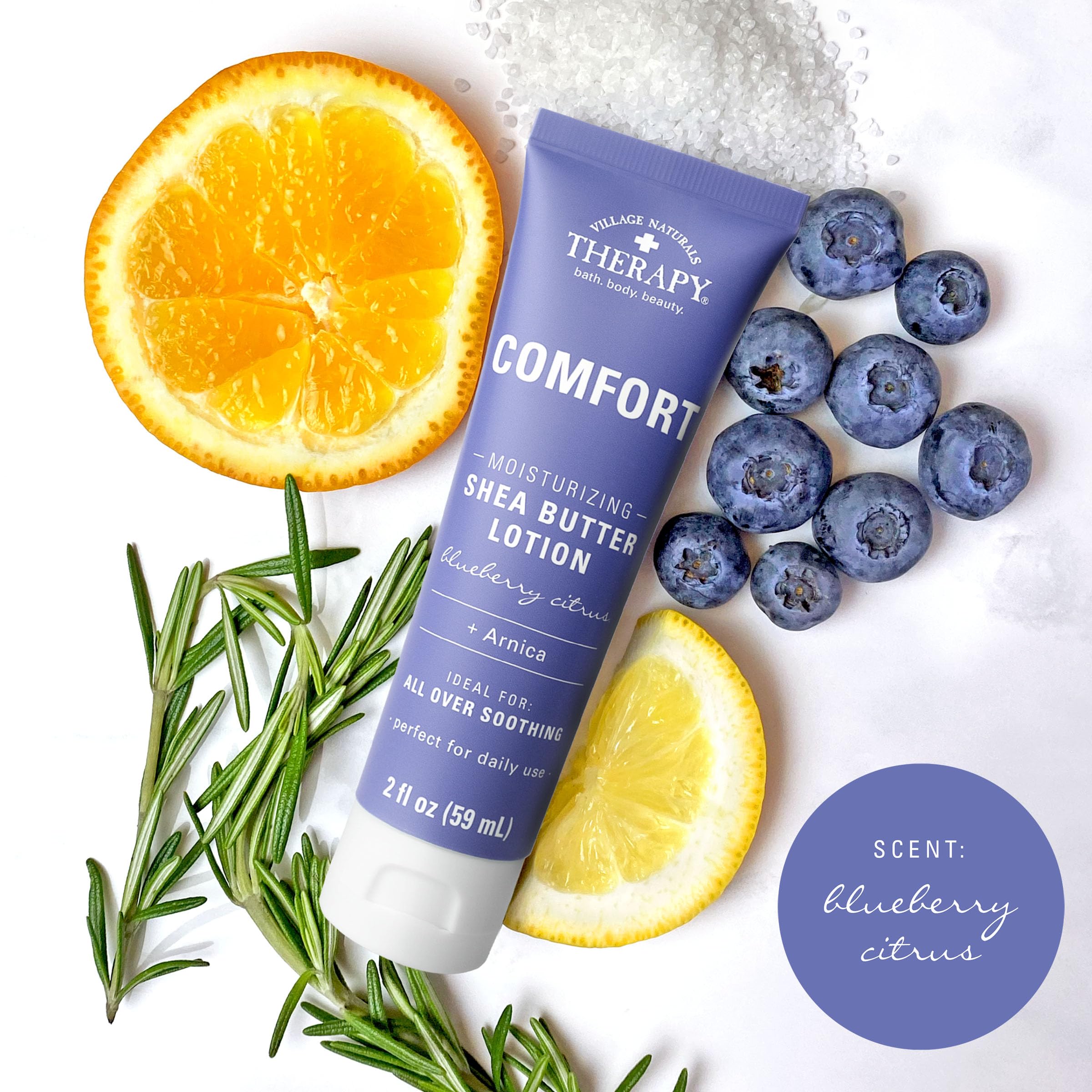 Village Naturals Therapy Shea Butter Hand & Body Lotion - Blueberry Citrus Scent, 2 fl oz (Pack of 6) | Ultra-Moisturizing for Dry Skin, Perfect for Daily Hydration & Relaxation at Home or Office