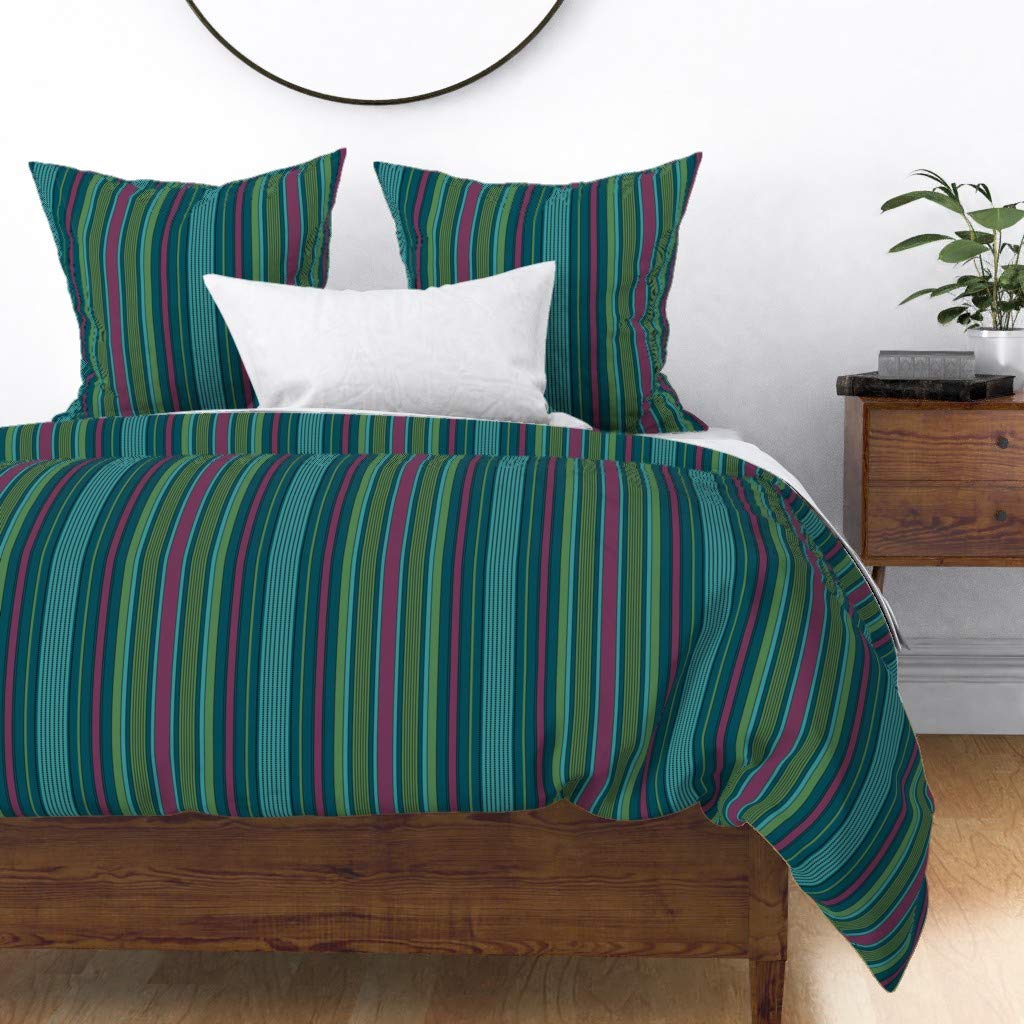 Custom Stripe Plum Greens Teal Cotton Sateen Duvet Cover for King/California King Beds - Elegant Masculine Print Bedding for Modern & Classic Bedrooms