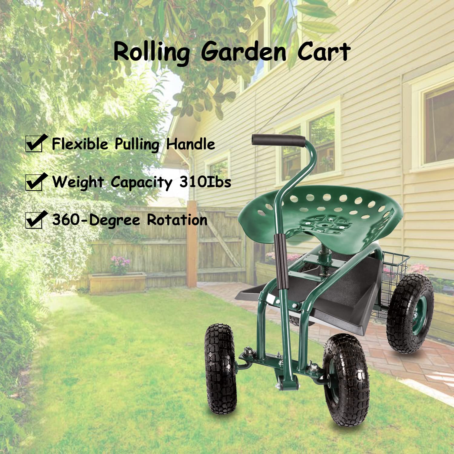 **Kinfant 360° Swivel Rolling Garden Cart with Seat - Heavy Duty Outdoor Garden Stool, Utility Cart for Gardening, Yard Work, and Patio Use**    *(Use Case: Perfect for planting, weeding, transporting tools, and relaxing in your garden or backyard.)*