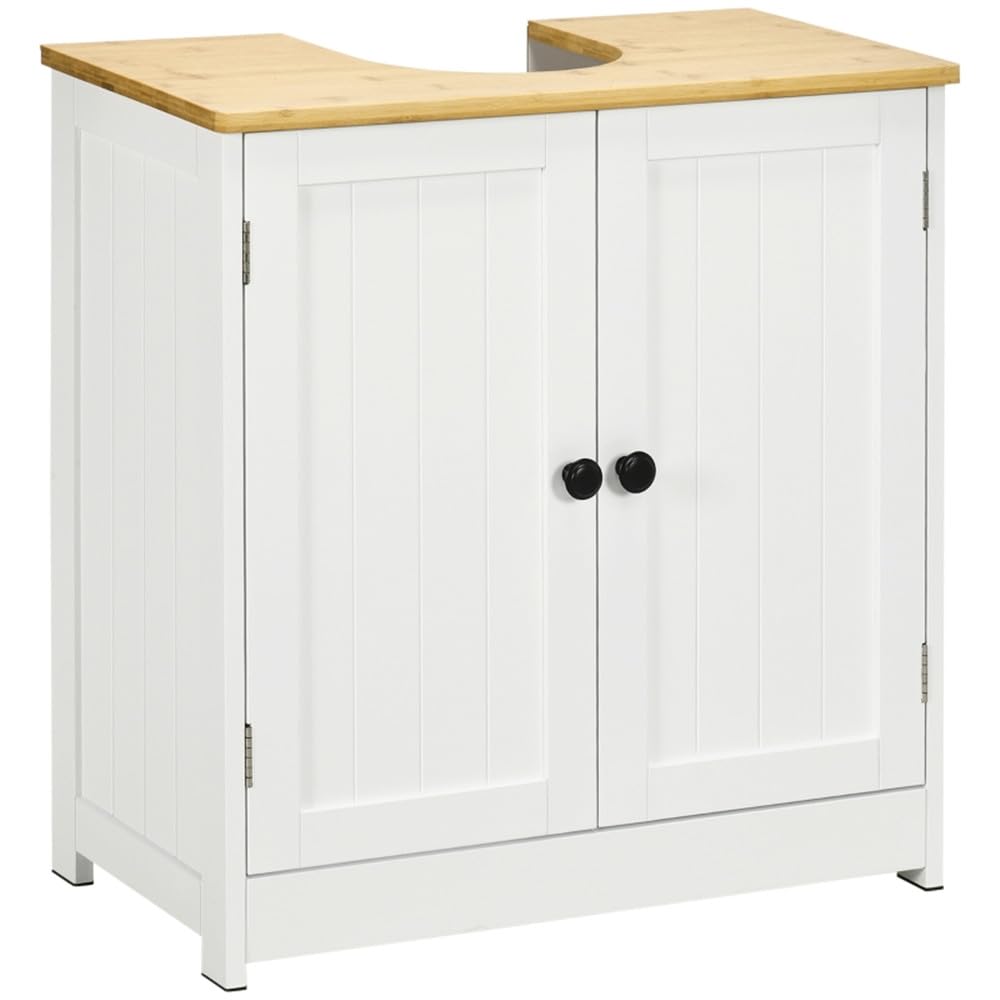 White & Walnut Under Sink Storage Cabinet with Double Doors - Bathroom Pedestal Sink Organizer for Towels, Toiletries & Cleaning Supplies (AS) - Perfect for Small Bathrooms & Powder Rooms