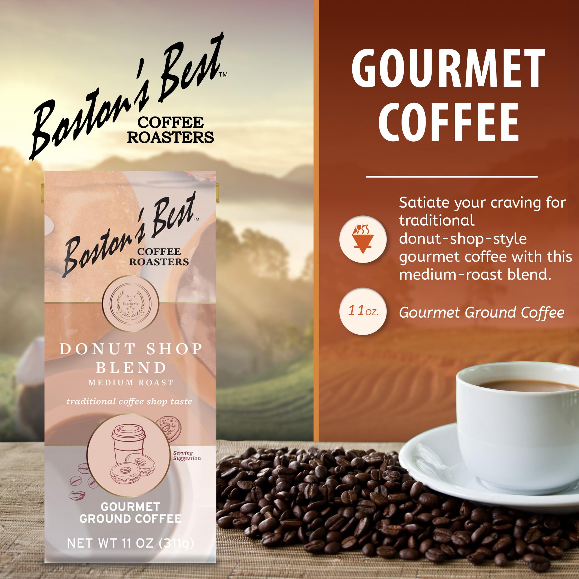 Boston’s Best Donut Shop Gourmet Coffee - Medium Roast Ground Coffee, 11oz (311g) Premium Bag - Perfect for Breakfast, Office & Gift Giving