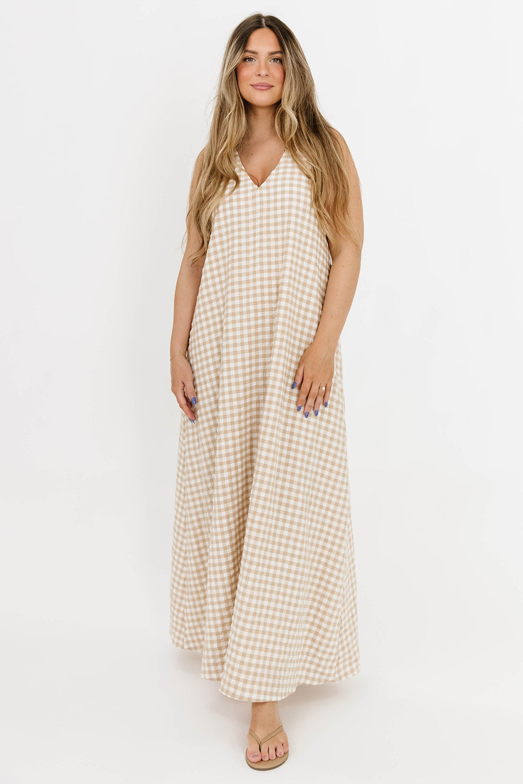Ruthie Gingham Maxi Dress in Honey - Flowy Summer Dress for Women, Boho Chic Long Dress with Pockets, Perfect for Beach, Vacation & Outdoor Events