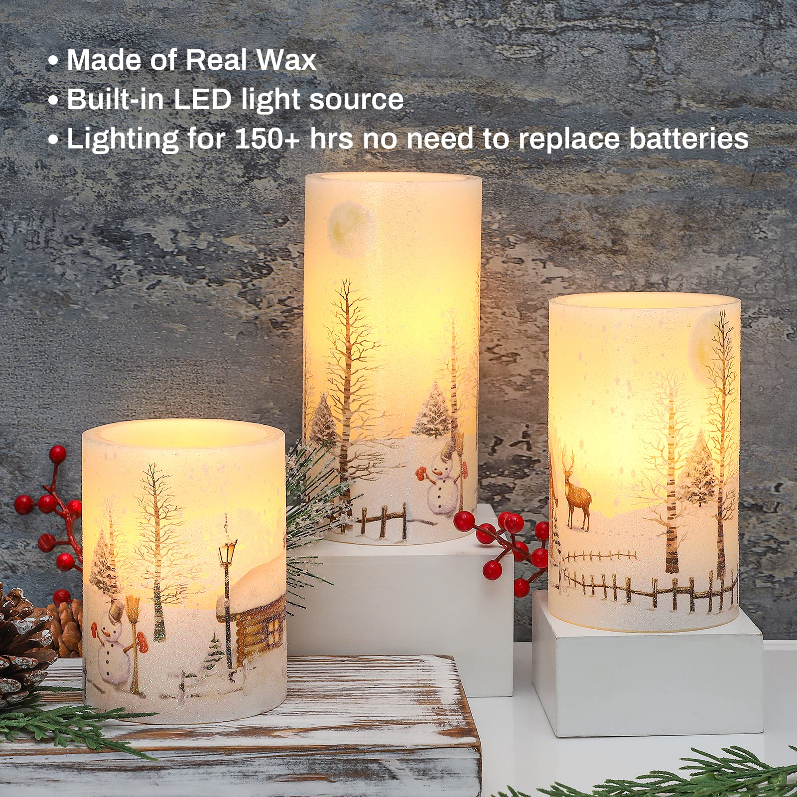 Flameless LED Candles with Remote & Timer - Real Wax Battery Operated Holiday Decor Lights for Christmas, Snowman Snow Scene - Perfect for Table Centerpiece, Room Decor, and Festive Gift Giving
