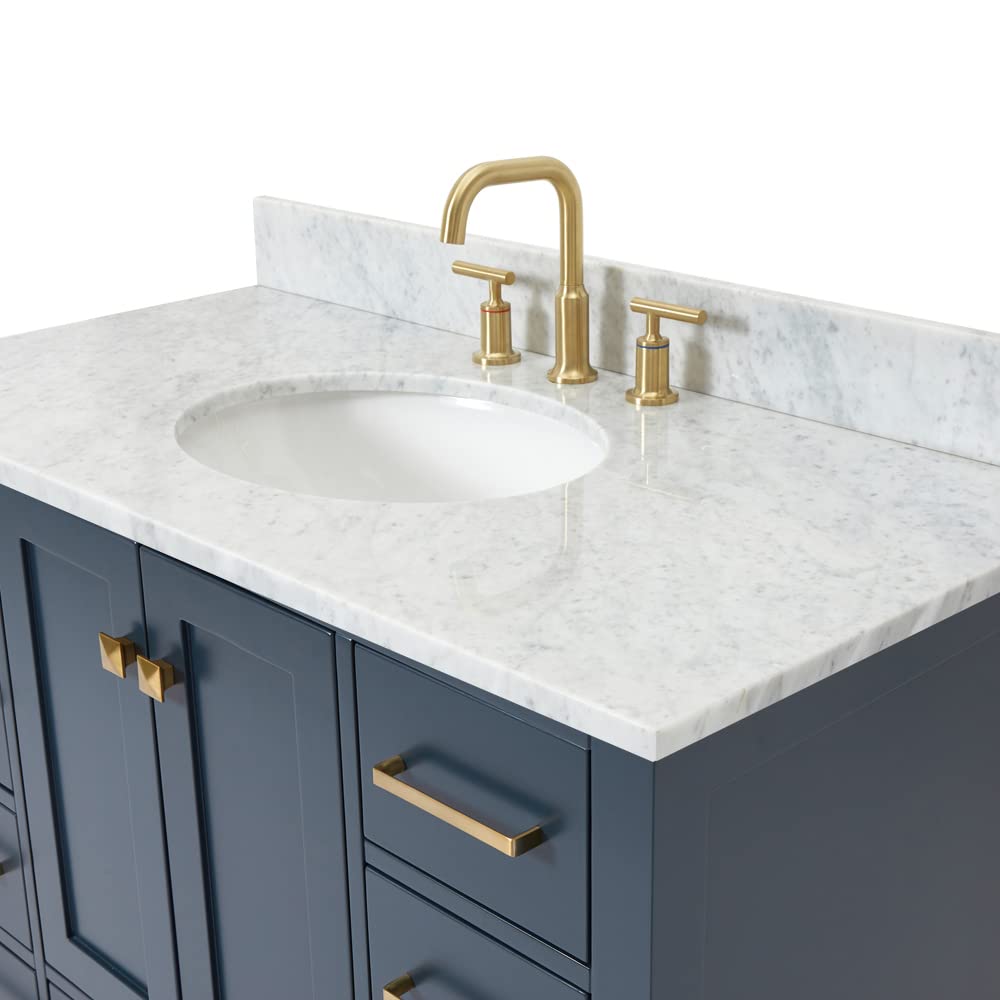 ARIEL Cambridge 43 Inch Blue Bathroom Vanity with Carrara Marble Top & Oval Sink - Solid Wood Midnight Blue Base Cabinet with 2 Soft-Closing Doors & 9 Drawers - Perfect for Modern Bathroom Renovation & Small Space Design