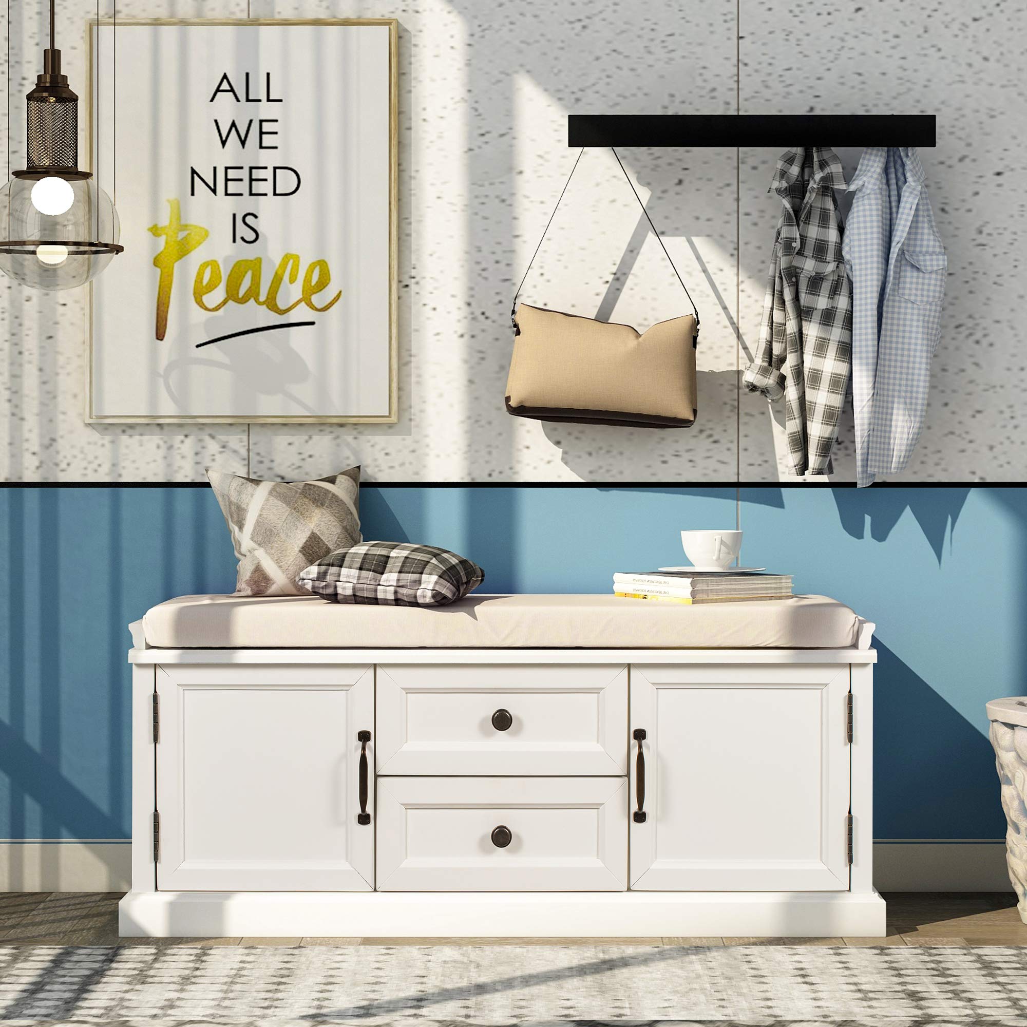 LZ LEISURE ZONE Storage Bench with 2 Drawers & 2 Cabinets - White Entryway Bench with Shoe Storage for Living Room, Hallway, Bedroom - Perfect for Organizing Shoes, Hats & Home Decor