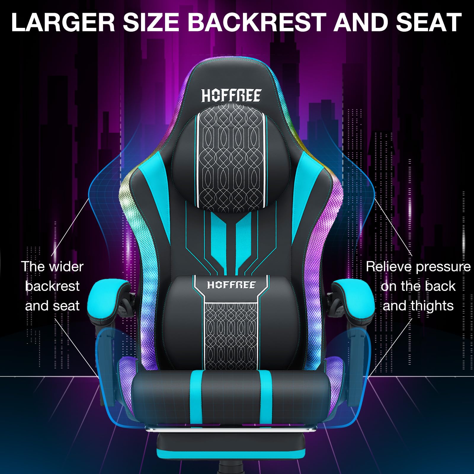HOFFREE LED Gaming Chair with Massage & Speakers - Big and Tall Reclining Video Game Chair with Footrest - 400lbs Capacity High Back Ergonomic Computer Desk Chair (Blue and Black) - Perfect for PC Gaming, Office Work & Home Entertainment
