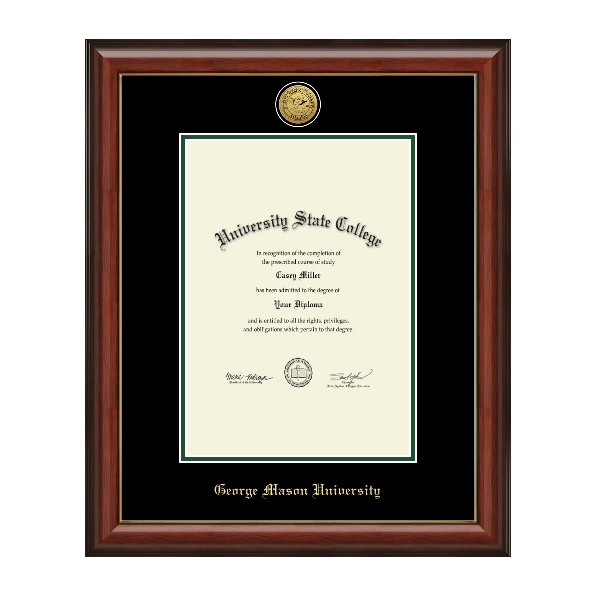 George Mason University Diploma Frame 10x14 Inches - Bachelor's, Master's, PhD Degree Display with Gold Engraved Medallion - Cherry Wood Frame with Black & Tartan Green Matting - Perfect for Office, Study Room or Graduation Gift