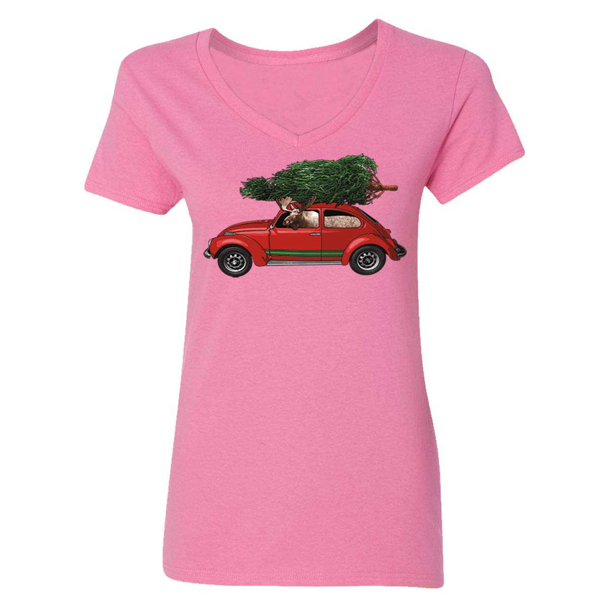 GOOD SHOPPERS ACTIVEWEAR Women's Christmas Tree Jonny Javelin Moose Graphic V-Neck T-Shirt - Casual Holiday Outfit for Christmas Parties & Festive Gatherings
