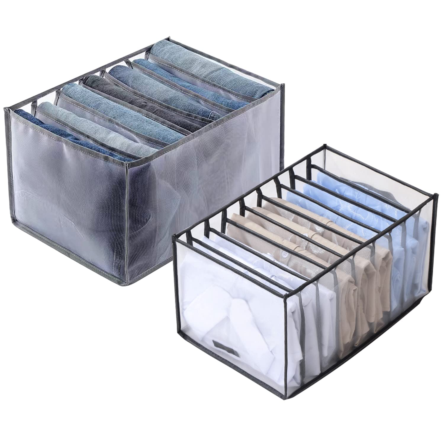 2-Pack Gray 7/9 Grid Wardrobe & Drawer Organizers for Jeans, Shirts, Skirts & Leggings | Space-Saving Folded Clothes Storage Solution for Bedroom, Closet & Travel