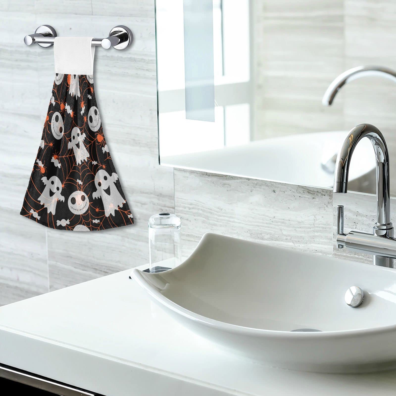 Senya Halloween Hanging Kitchen Towels - 2 Pack Absorbent Spider Ghost Hand Towels with Hanging Loop for Kitchen & Bathroom - Perfect for Halloween Decor, Party Supplies & Spooky Home Accessories
