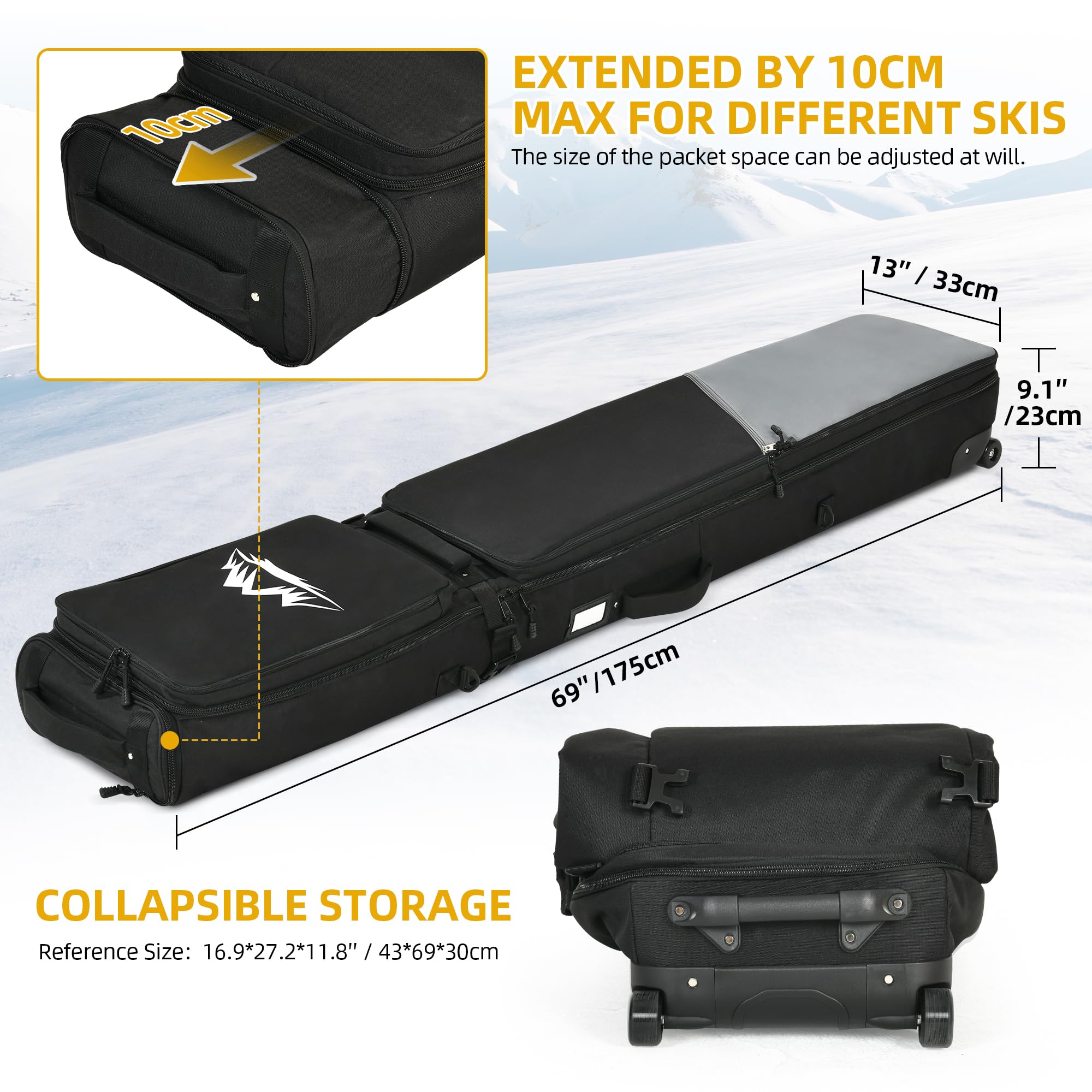 Premium 900D Padded Ski Bag with Wheels - Extendable 165-195CM Rolling Snowboard Bag for Air Travel | Fits Double Skis, Boots, Helmet & Ski Gear | Durable All-Round Protection for Winter Sports & Travel