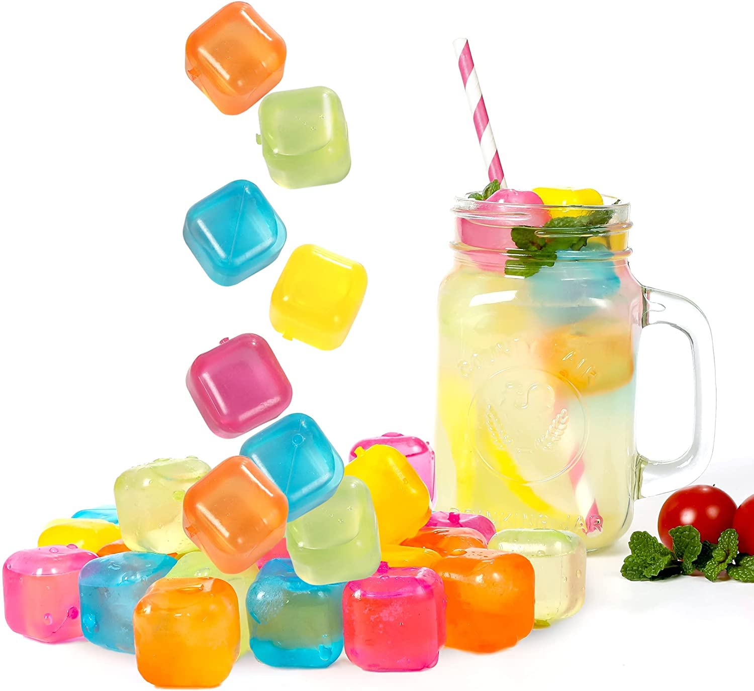 RIANZ Pack of 20 Square Reusable Ice Cubes with Pure Water - Multi Color Set for Whiskey, Cocktails & Beverages - Perfect for Parties, BBQs & Home Bars