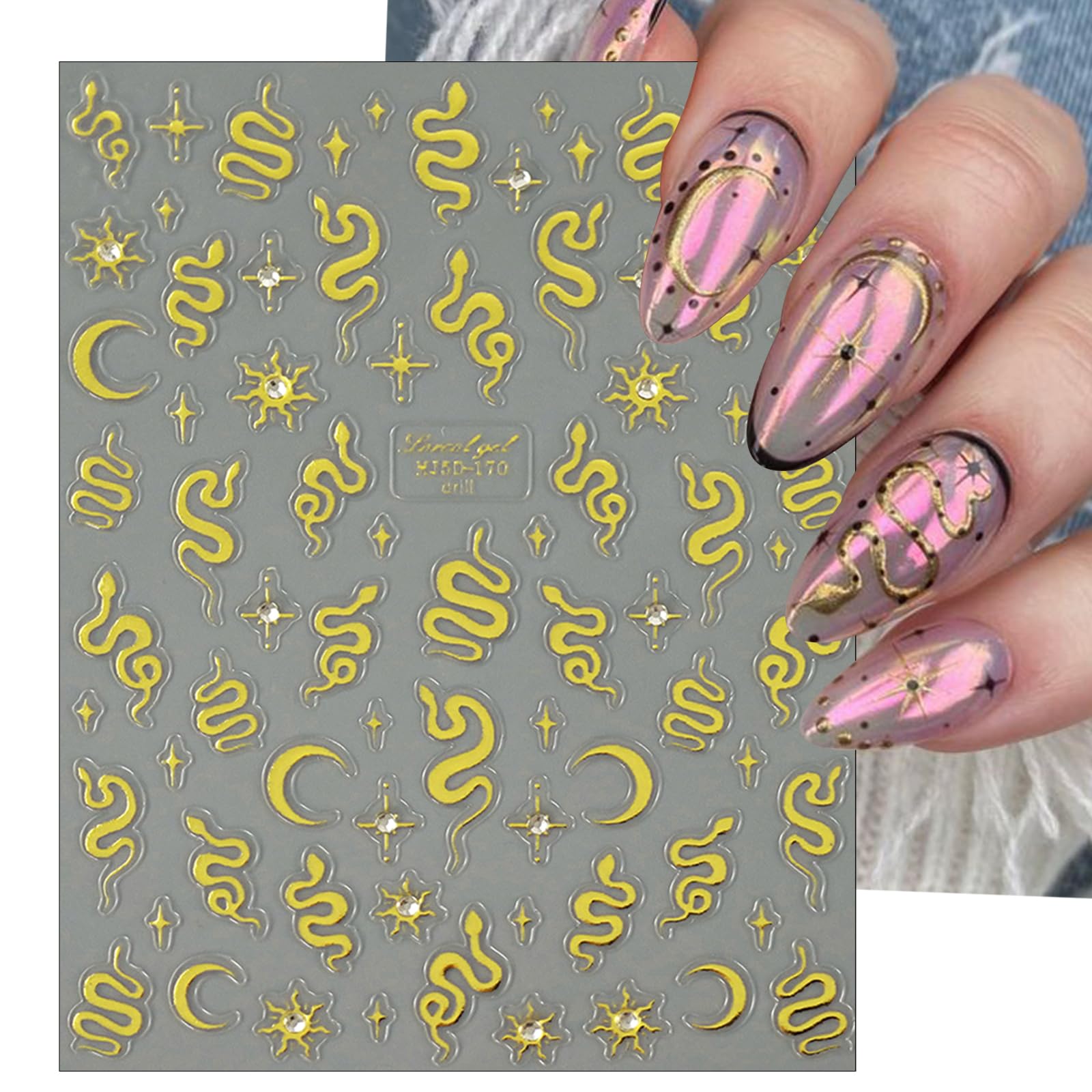 5D Gold & Silver Crystal Diamond Snake Nail Art Stickers - 2 Pack Embossed Self-Adhesive Horror Nail Decals for Women | Moon & Sun Nail Designs, Perfect for Halloween, Cosplay, and Gothic Nail Art Decoration