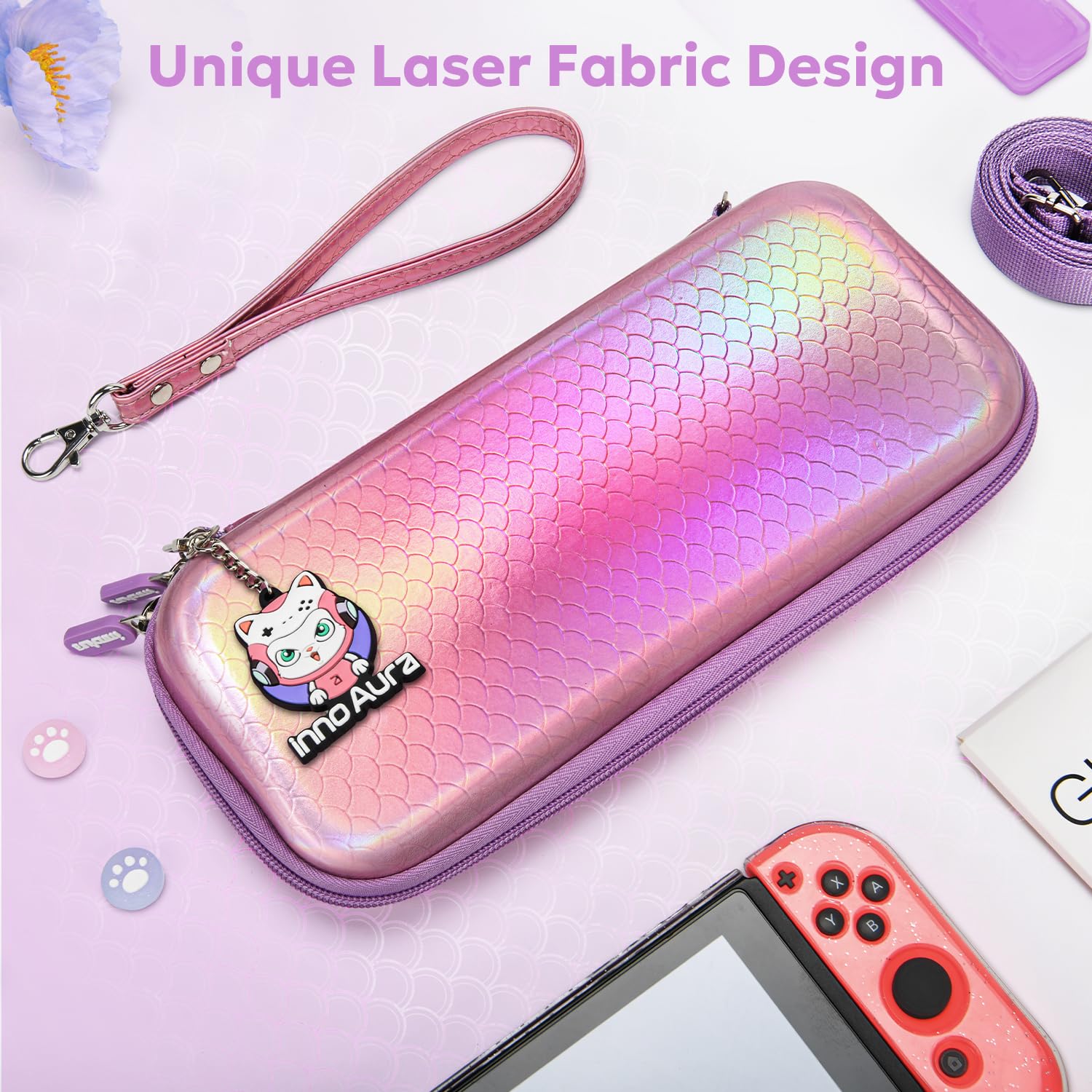 InnoAura 17-in-1 Nintendo Switch Accessories Bundle - Switch Carrying Case, Game Case, Protective Cover, Screen Protector & Thumb Grips (Mermaid Pink) | Perfect for Travel, Gaming On-The-Go & Switch Protection