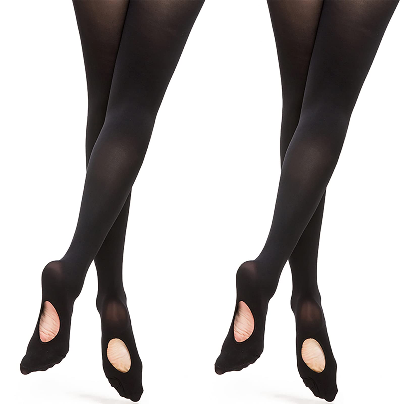 Black Footless Dance Tights for Women & Girls - 70 Denier Opaque Ballet Tights with Convertible Stirrup - 2 Pairs Pack - Perfect for Ballet, Yoga, and Dance Performances