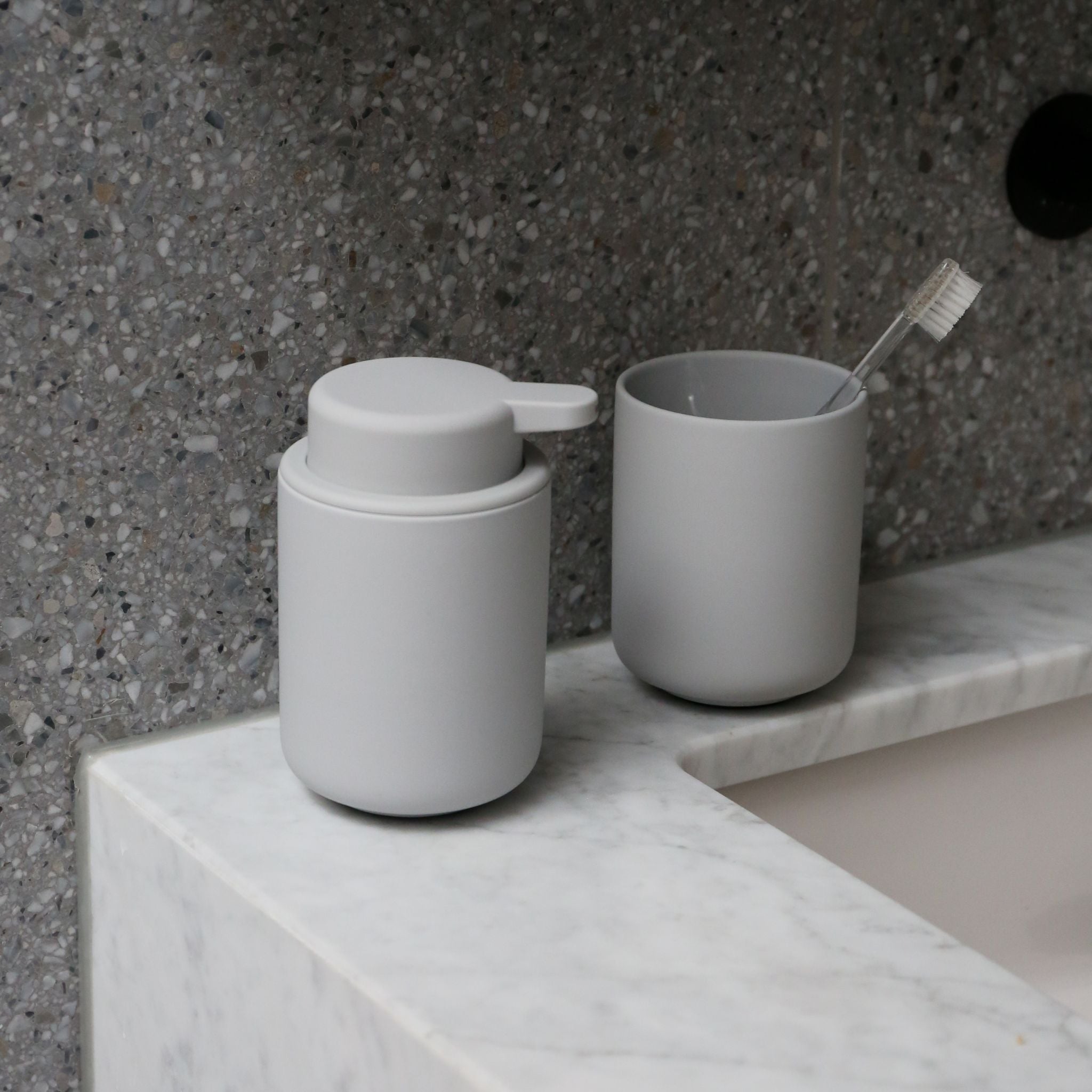 ZONE DENMARK Ume Soap Dispenser 250ml - Modern Soft Grey Bathroom Liquid Soap Dispenser (12.8cm Height) for Kitchen, Bathroom & Guest Washroom Decor