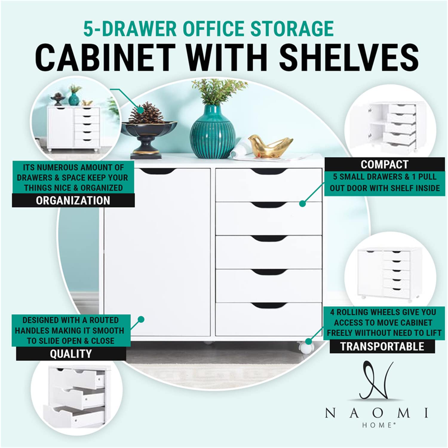 Naomi Home Office Wooden Lateral File Cabinet - 5 Drawer with Shelf, Mobile Storage Cabinet for Documents & Supplies - Perfect for Home Office Organization & Small Business Filing Needs (Gray)