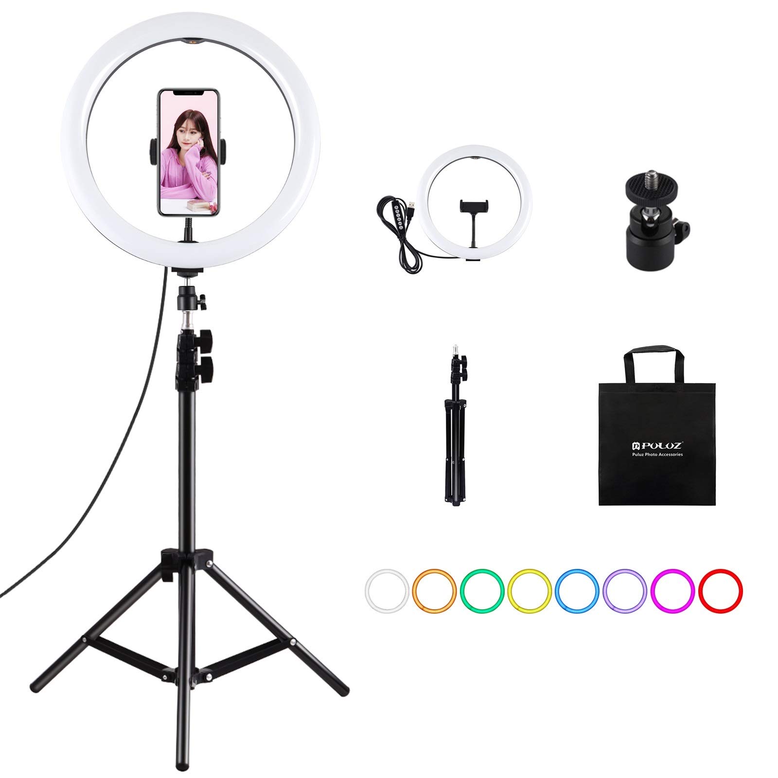PULUZ 11.8 Inch Dimmable RGBW LED Ring Light with 1.1m Tripod & Phone Clamp - Professional Vlogging, Photography, Makeup, and Live Streaming Lighting Kit for YouTube, TikTok, and Instagram Content Creators