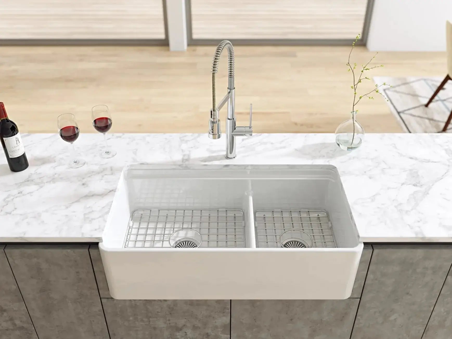 Latoscana 36 Inch Reversible Fireclay Double Bowl Farmhouse Sink 60/40 Split with Accessory Ledge - Perfect for Kitchen Remodeling, Farmhouse Style Decor & Heavy Duty Dishwashing