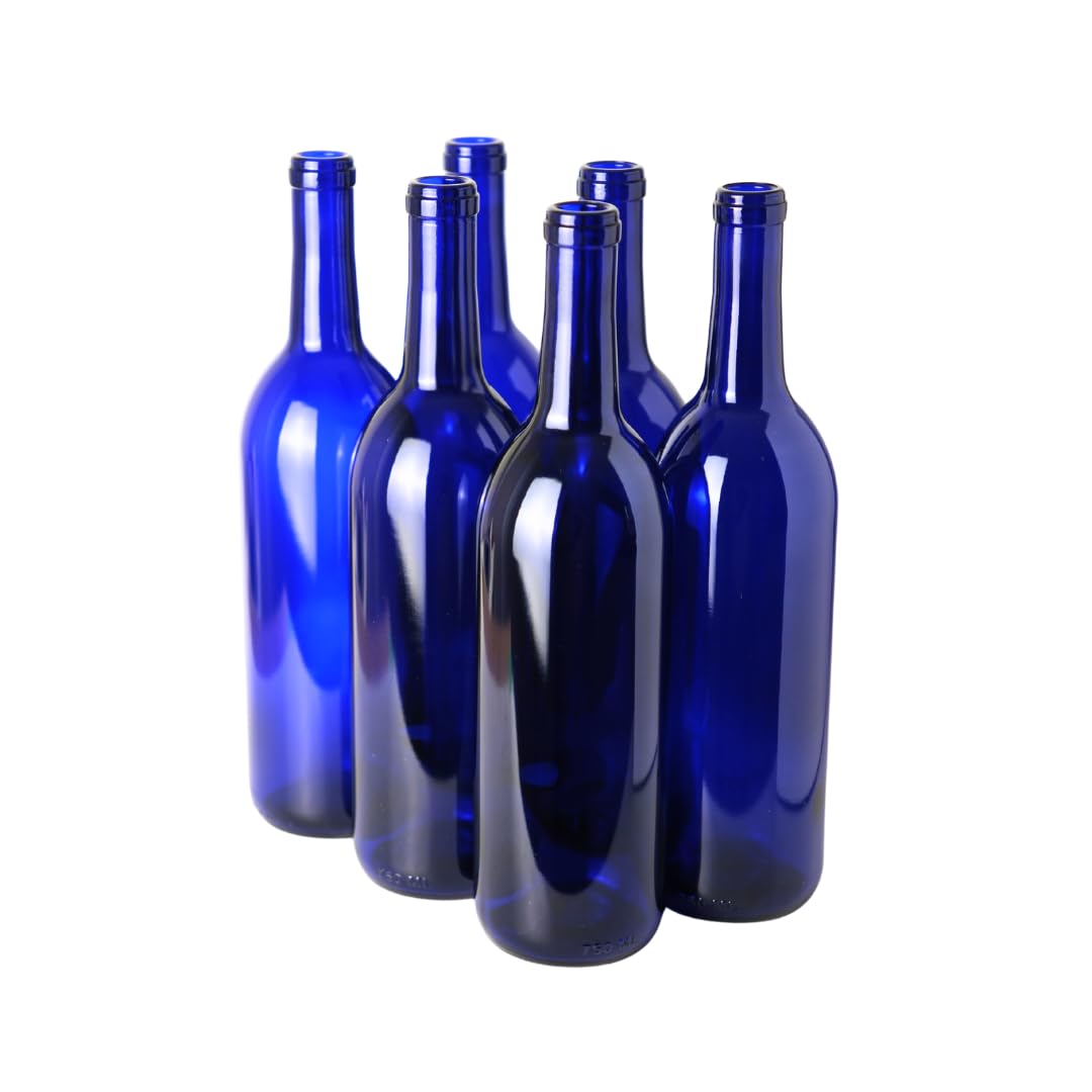 Premium 750ml Blue Bordeaux Wine Bottles (Pack of 6) - Flint Flat-Bottomed Glass Bottles for Home Winemaking, Storage & Gifts - Ideal for DIY Wine Kits, Vinegar Brewing & Decorative Display
