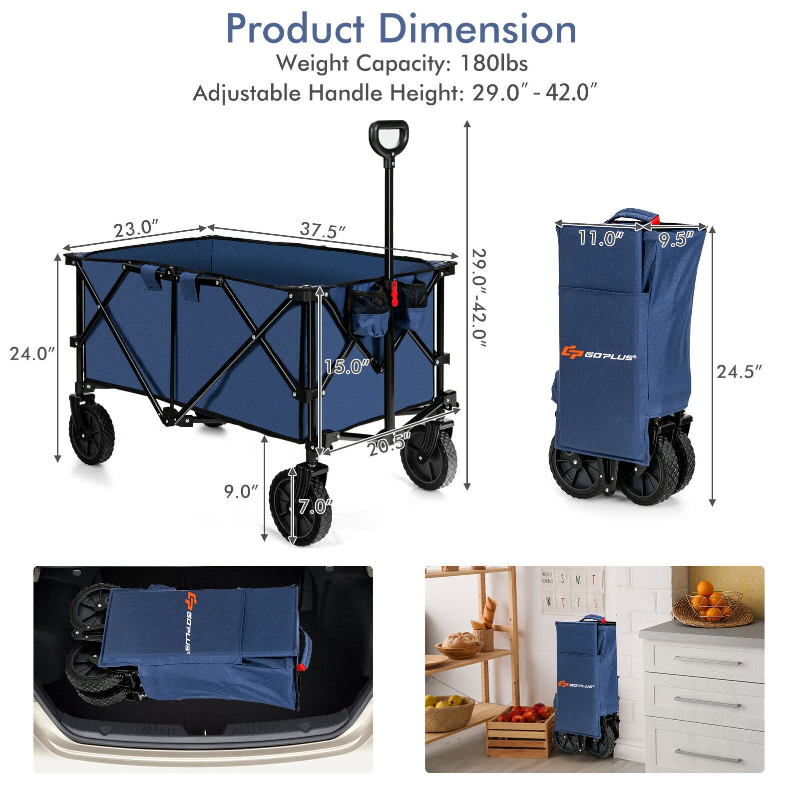Goplus Collapsible Wagon Cart with Universal Wheels, Adjustable Handle & Storage Bag - Heavy Duty Folding Utility Wagon for Grocery Shopping, Camping, Beach, Gardening & Outdoor Activities (Navy Blue)