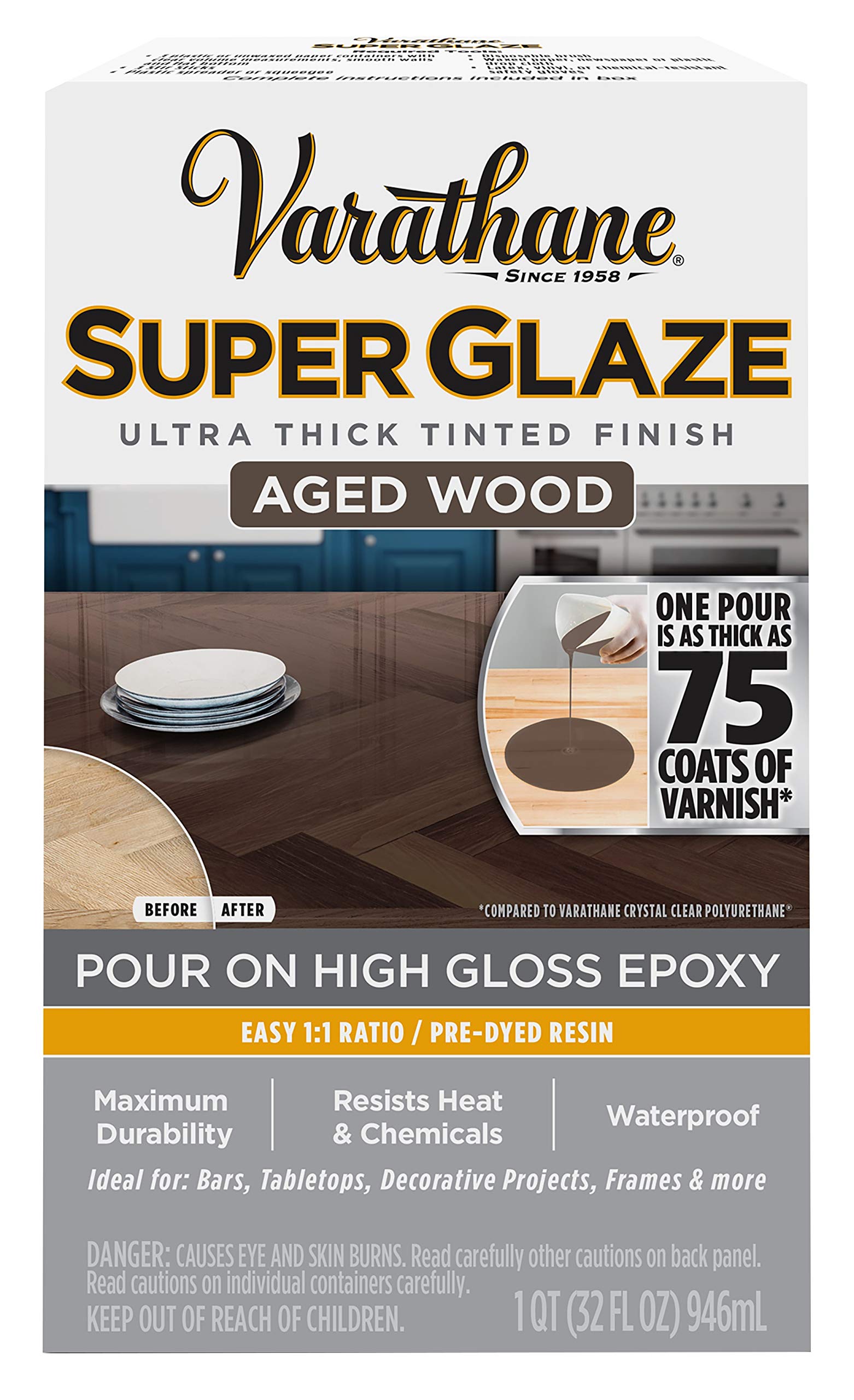Varathane 363904 Super Glaze Pour-On High Gloss Epoxy Finish - Quart Size for Aged Wood - DIY Tabletop, Bar Counter & Wood Restoration Projects