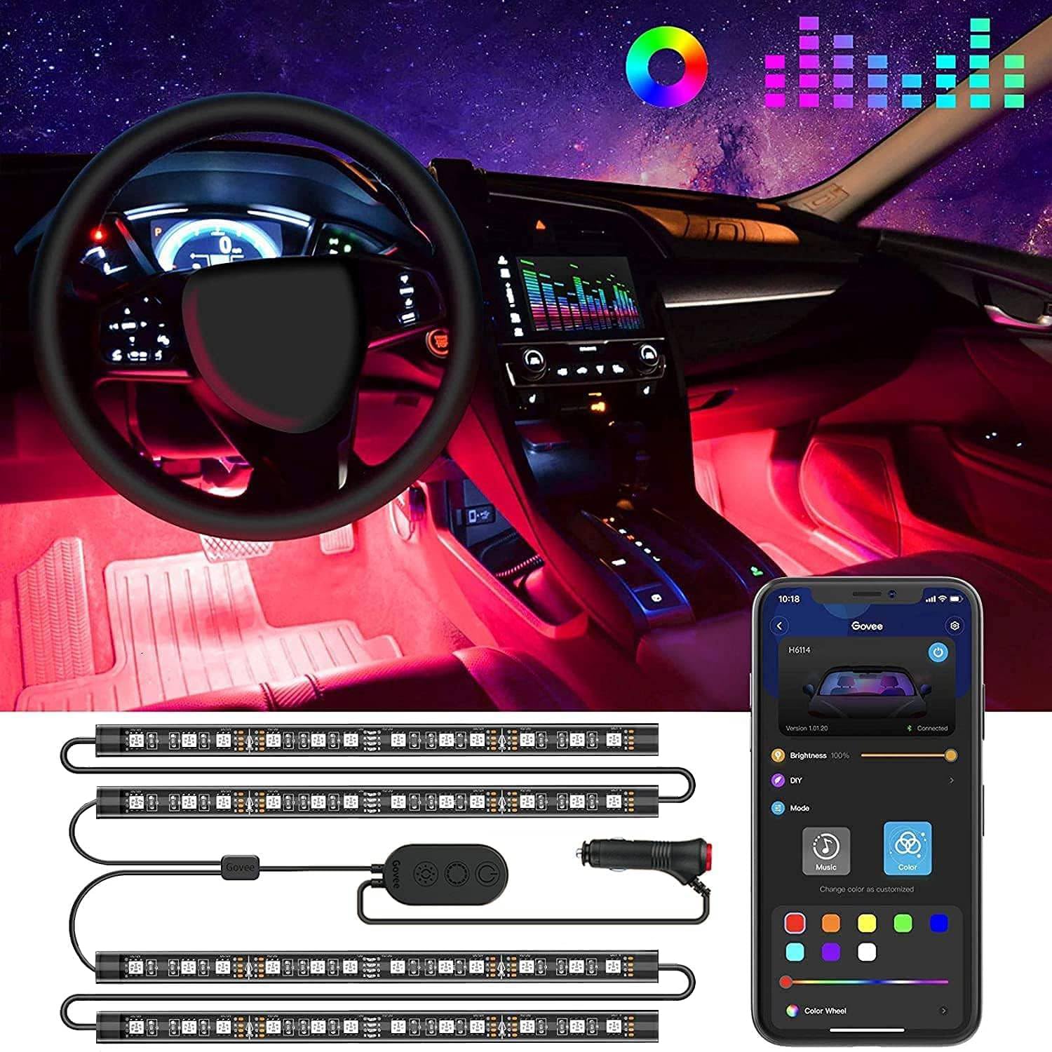 Govee Smart Car LED Interior Lights - App Controlled RGB Lights with DIY & Music Sync, 12V 2-Line Design with Car Charger | Perfect for Night Driving, Car Parties & Custom Vehicle Lighting