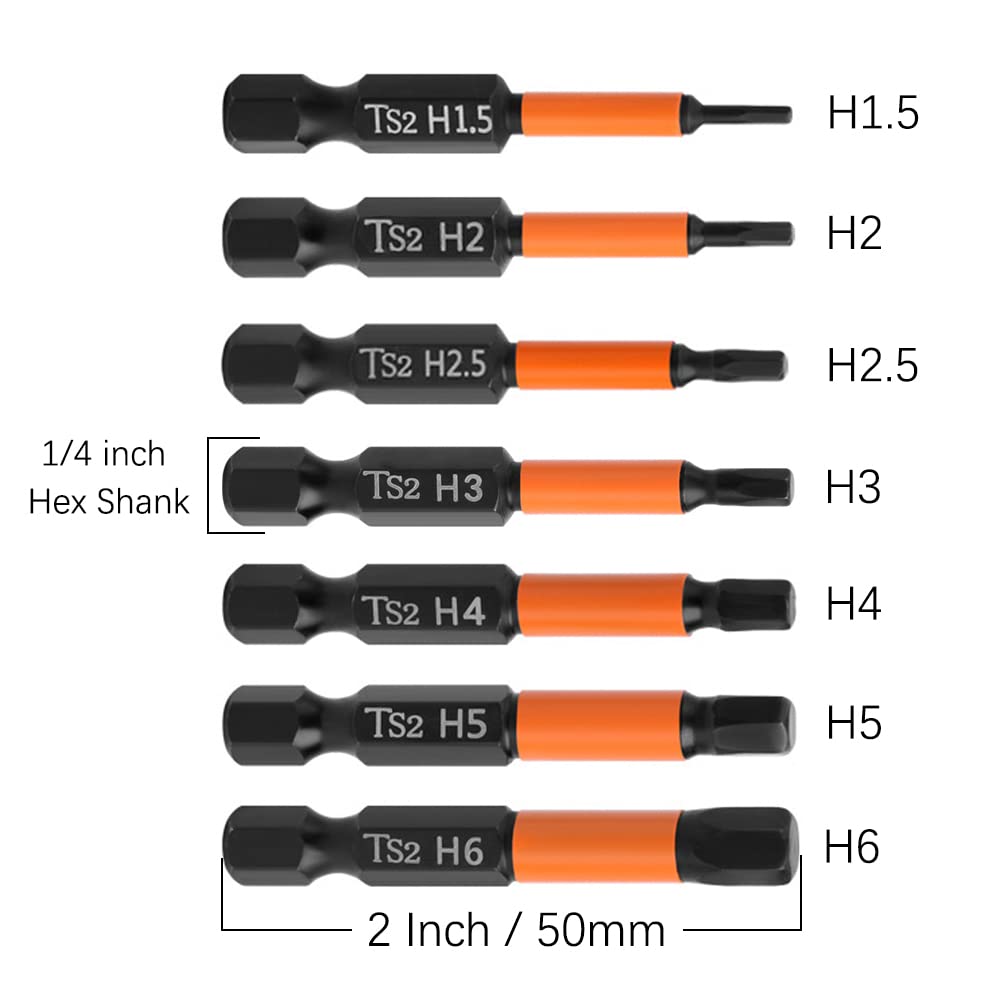 7PCS Magnetic Allen Wrench Drill Bit Set - H1.5 to H6 Metric Impact Hex Head Screwdriver Bits - 1/4 Inch Hex Shank S2 Steel (2 Inch/50mm Length) - Perfect for Automotive Repairs, Furniture Assembly & DIY Projects