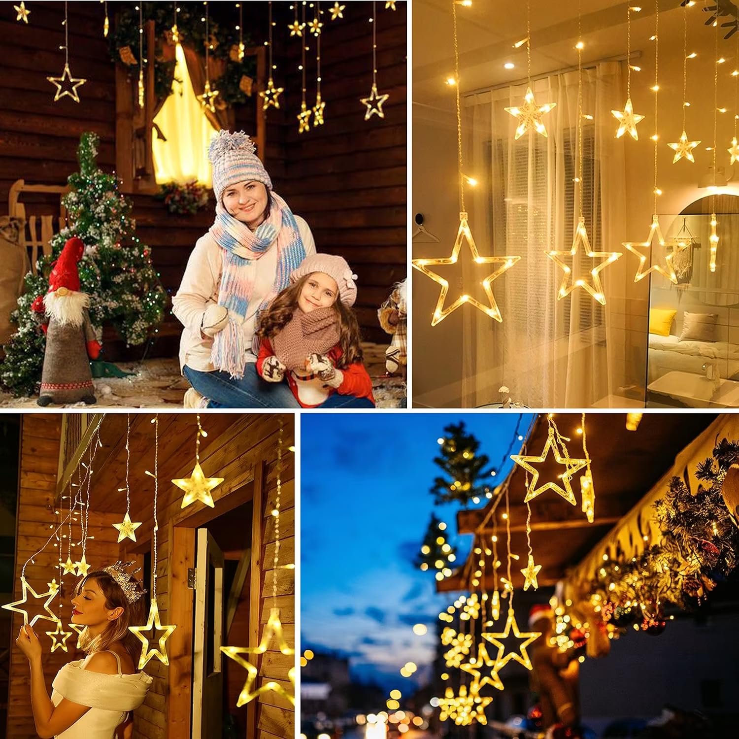 138 LED Star Curtain Fairy Lights - 9ft Plug-in Connectable Twinkle Lights with 12 Star Drops & Remote (8 Lighting Modes) - Warm White Indoor Christmas, Ramadan, Bedroom, Window Decorations - Perfect for Holiday Parties, Wedding Backdrops & Cozy Home Ambiance