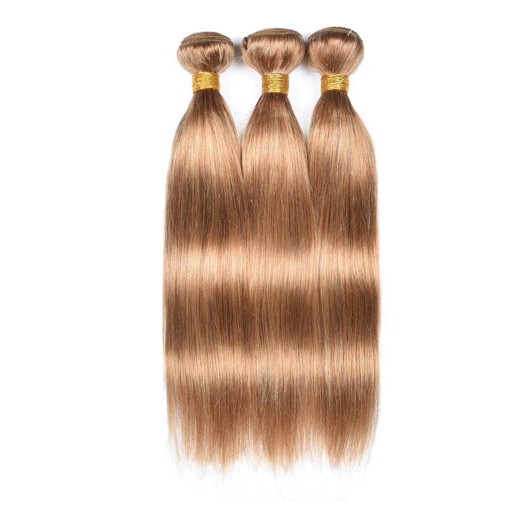 WOME 100% Unprocessed Virgin Peruvian Straight Hair Extensions - 3 Bundles Soft & Shiny Human Hair Wefts (12/14/16 Inch, Honey Blonde 27#) for Daily Styling & Special Occasions