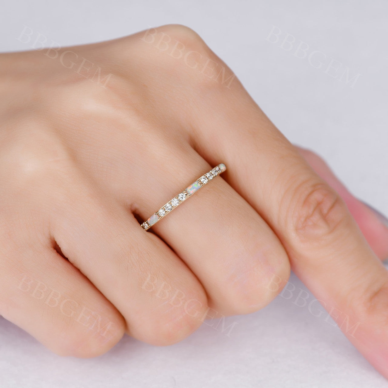 Dainty Half Eternity Baguette Opal Diamond Ring for Women - 14K Gold Anniversary Wedding Gift - Perfect for Valentine's Day, Engagement, Proposal & Special Occasions