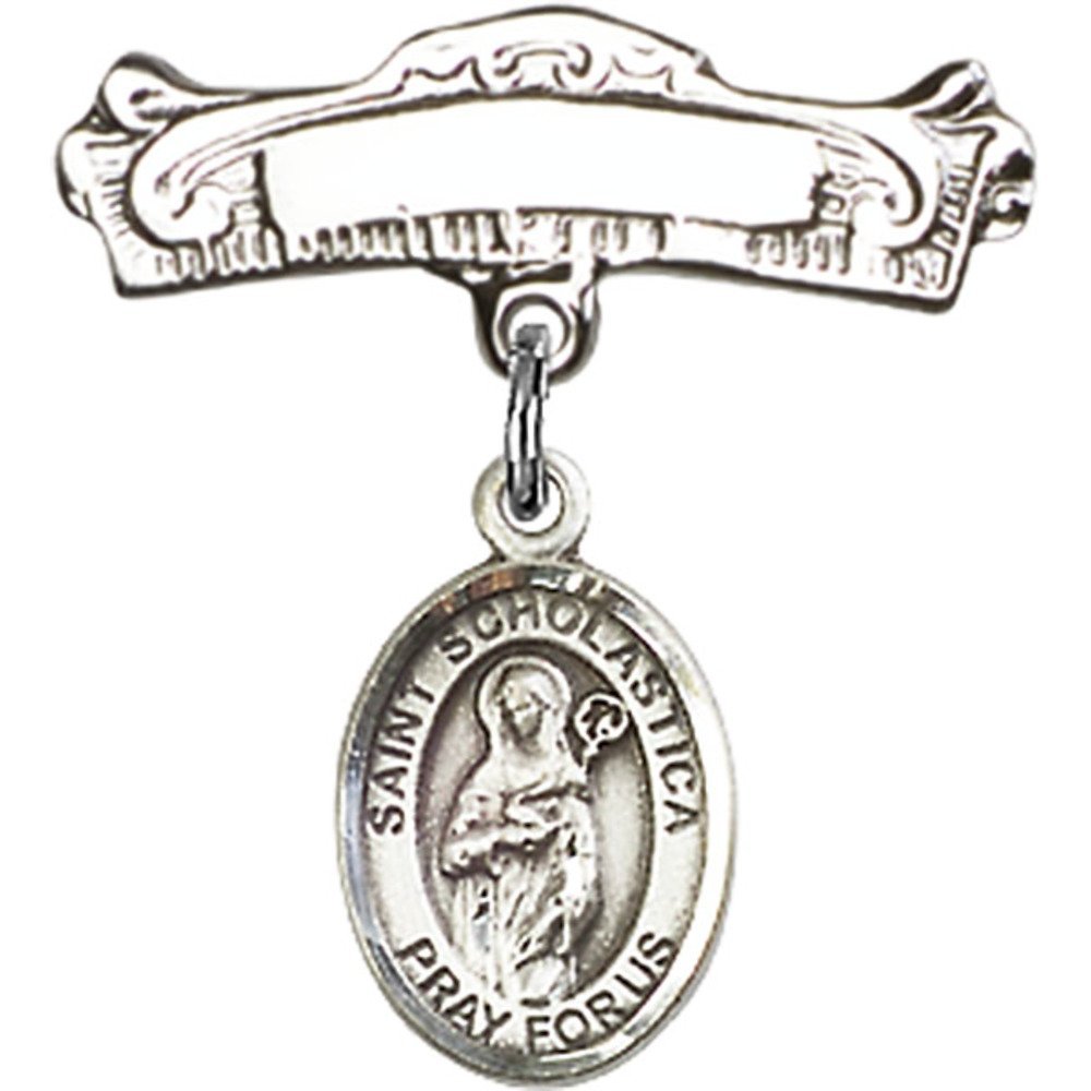 Sterling Silver Baby Badge with St. Scholastica Charm - 7/8 X 7/8 Inch Arched Polished Pin - Perfect for Christening, Baptism & First Communion Gifts